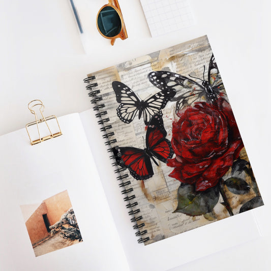 spiral ruled lined notebook, featuring a captivating print of a solitary red rose gracefully adorned by three delicate butterflies against a backdrop of vintage textured elegance