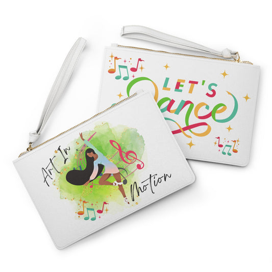 Clutch bag with a dancer on it and slogan Art In Motion