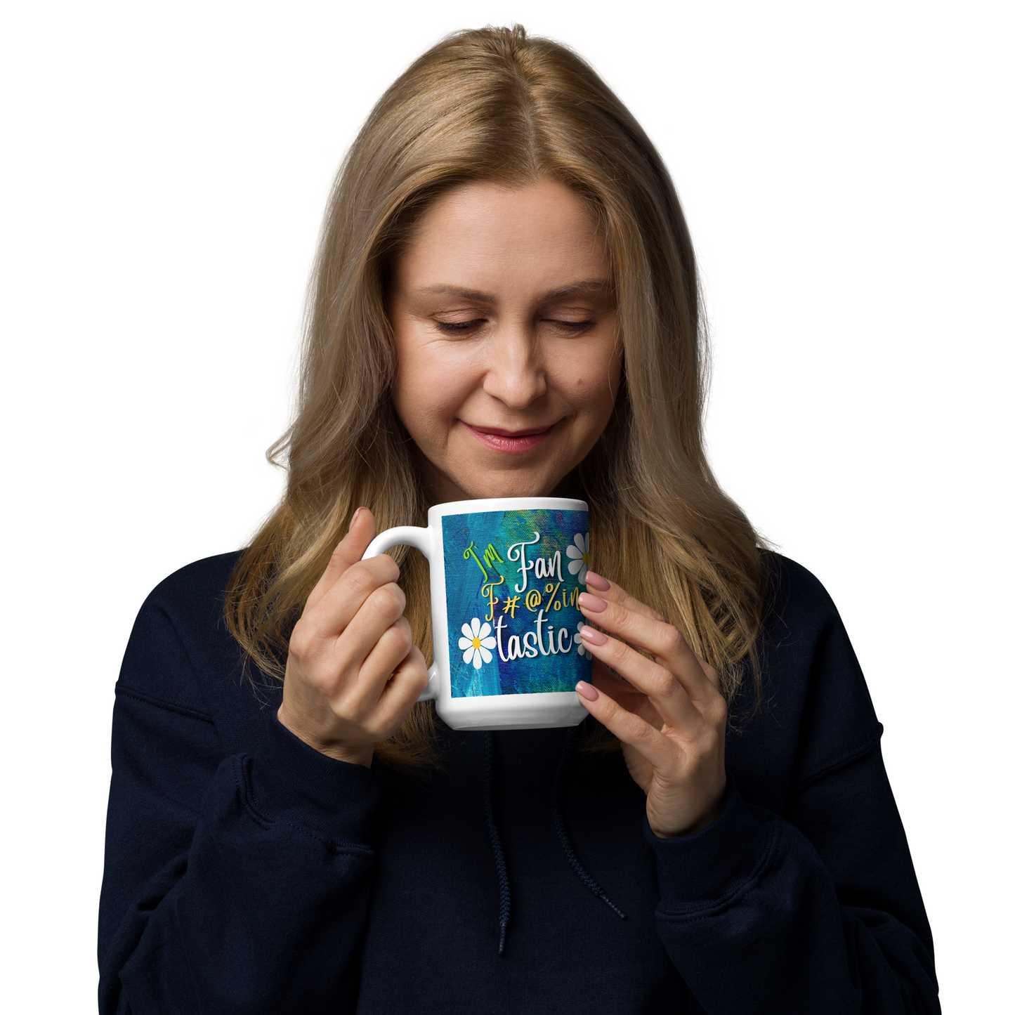 White glossy mug with blue and green textured background with the words I'm fan F#@% in Tastic. made for right or left handed people.