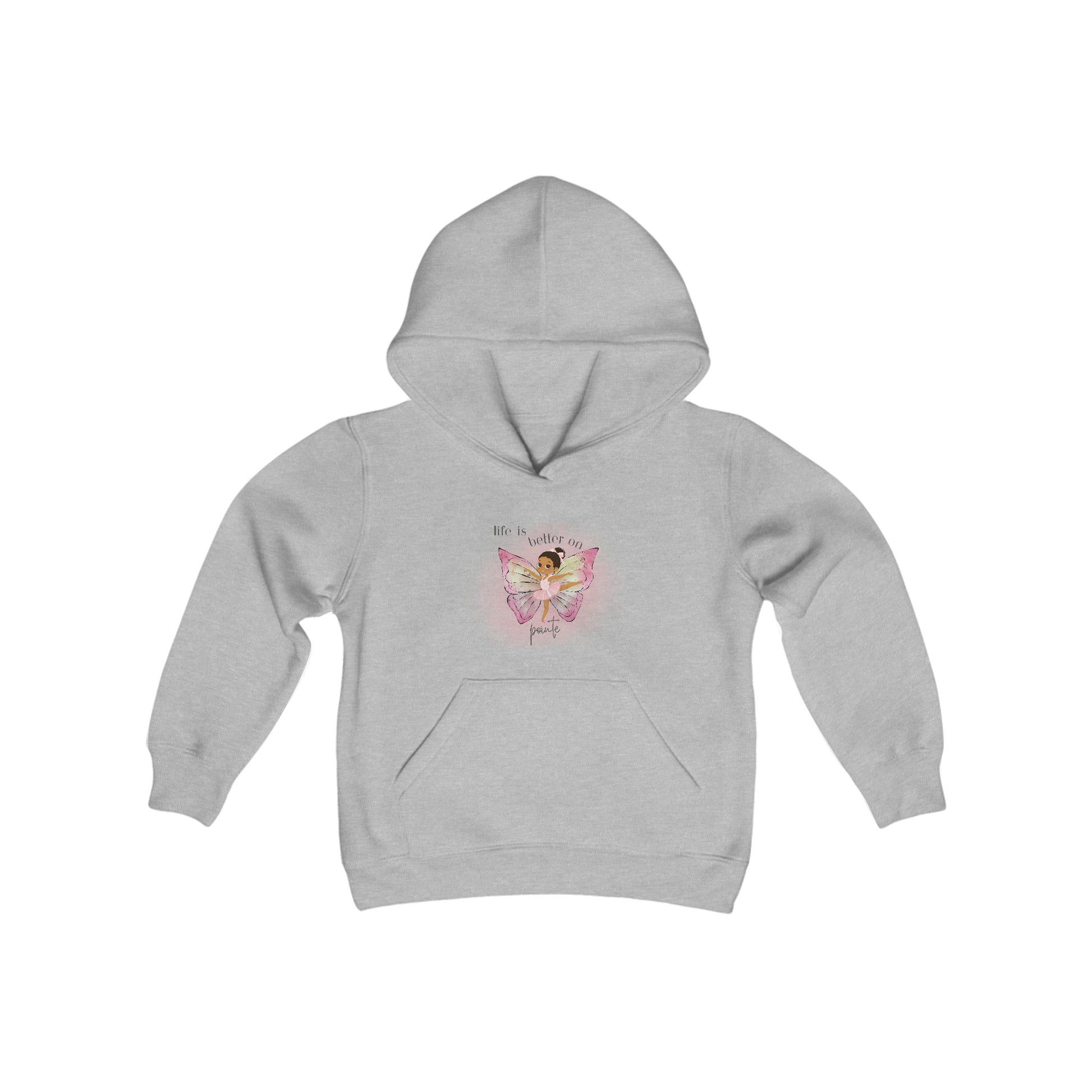 Youth Hooded Sweatshirt - African decent Ballerina with butterfly wings - grey