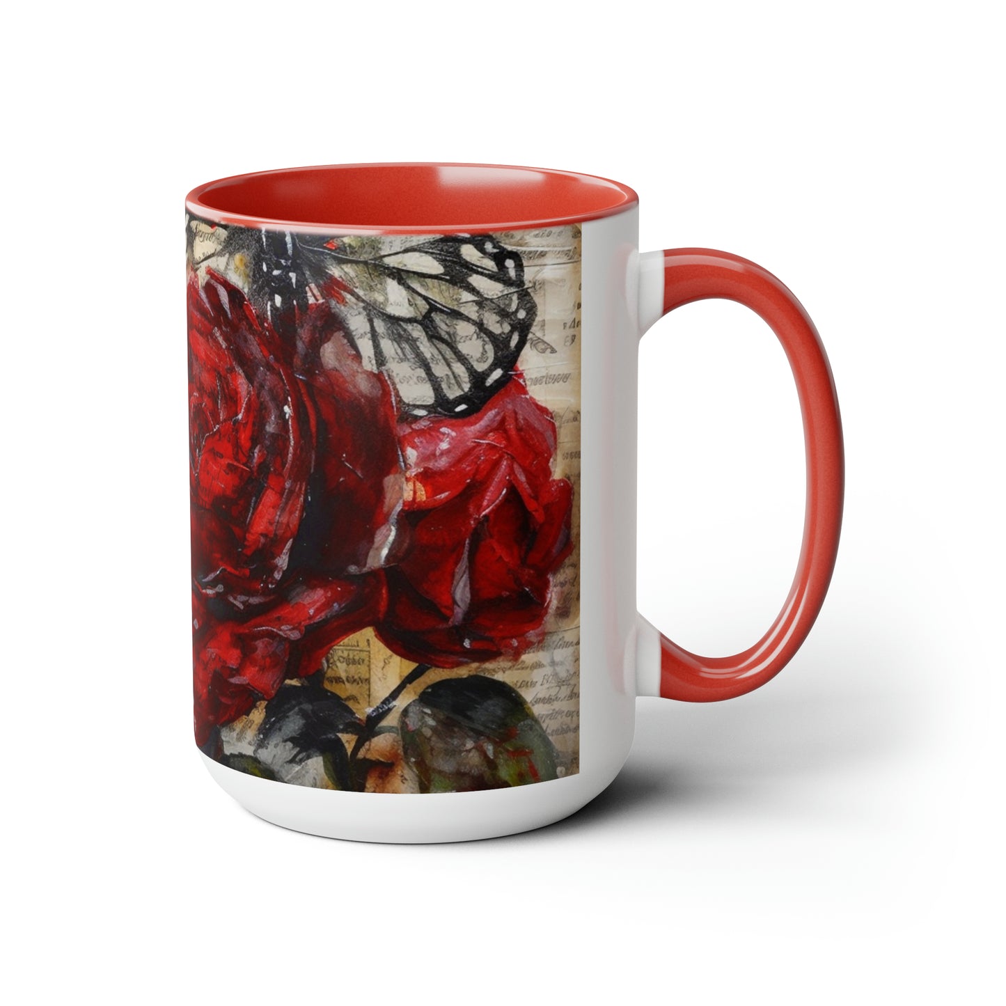 Two-Tone Coffee Mugs, Red Rose with Butterfly