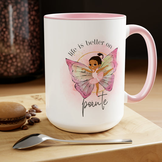 Two-Tone Coffee Mugs, 15oz - Young Ballerina - Life is better on pointe - pink rim