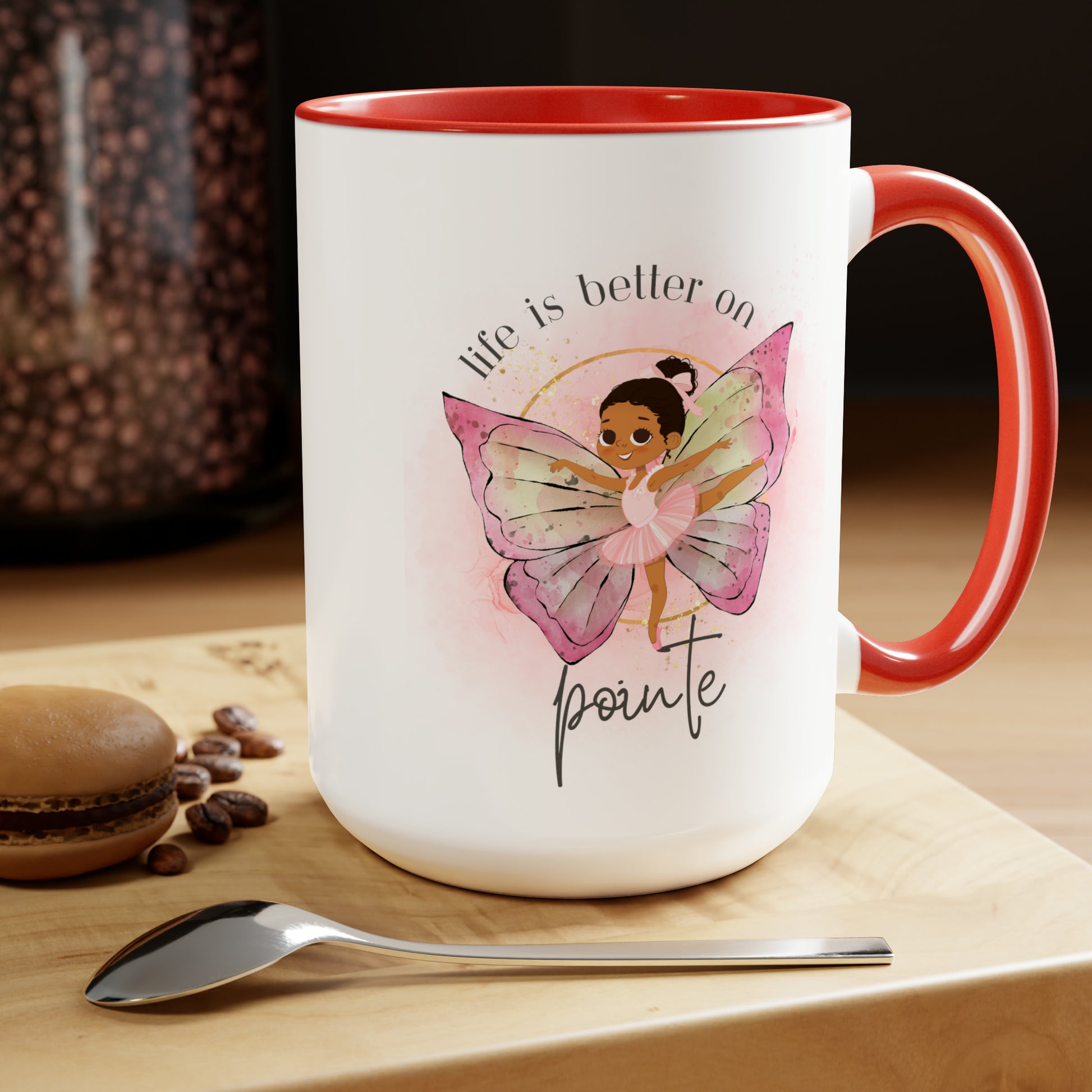 Two-Tone Coffee Mugs, 15oz - Young Ballerina - Life is better on pointe - red rim