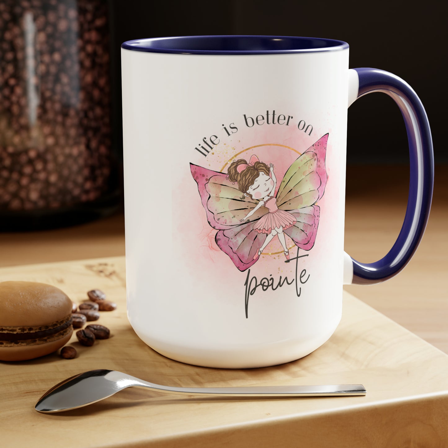 Two-Tone Coffee Mugs, 15oz - Young Ballerina with butterfly wings - royal blue rim