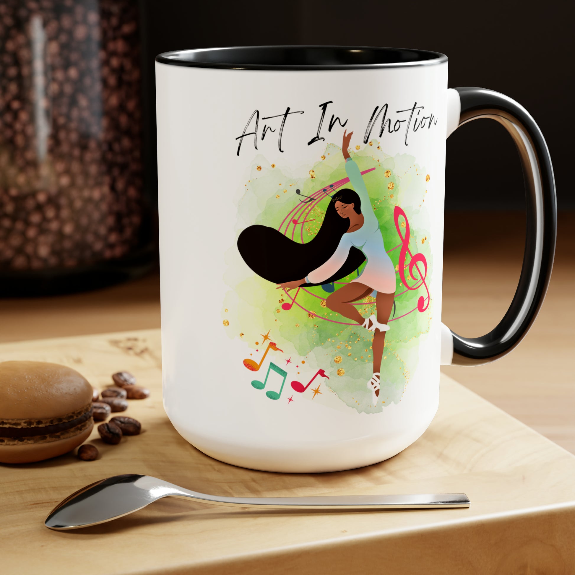 Two-Tone Coffee Mugs, 15oz - Ballerina of African Descent - black rim