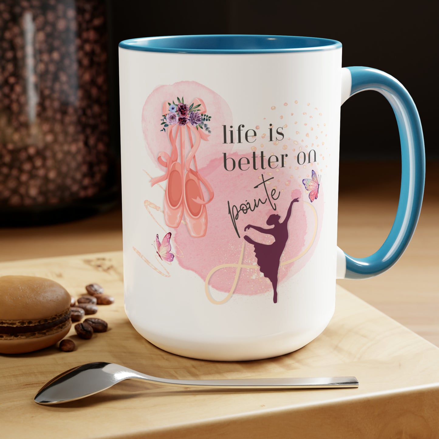 Two-Tone Coffee Mugs, 15oz - Ballerinas - Life is better on pointe- baby bluek rim