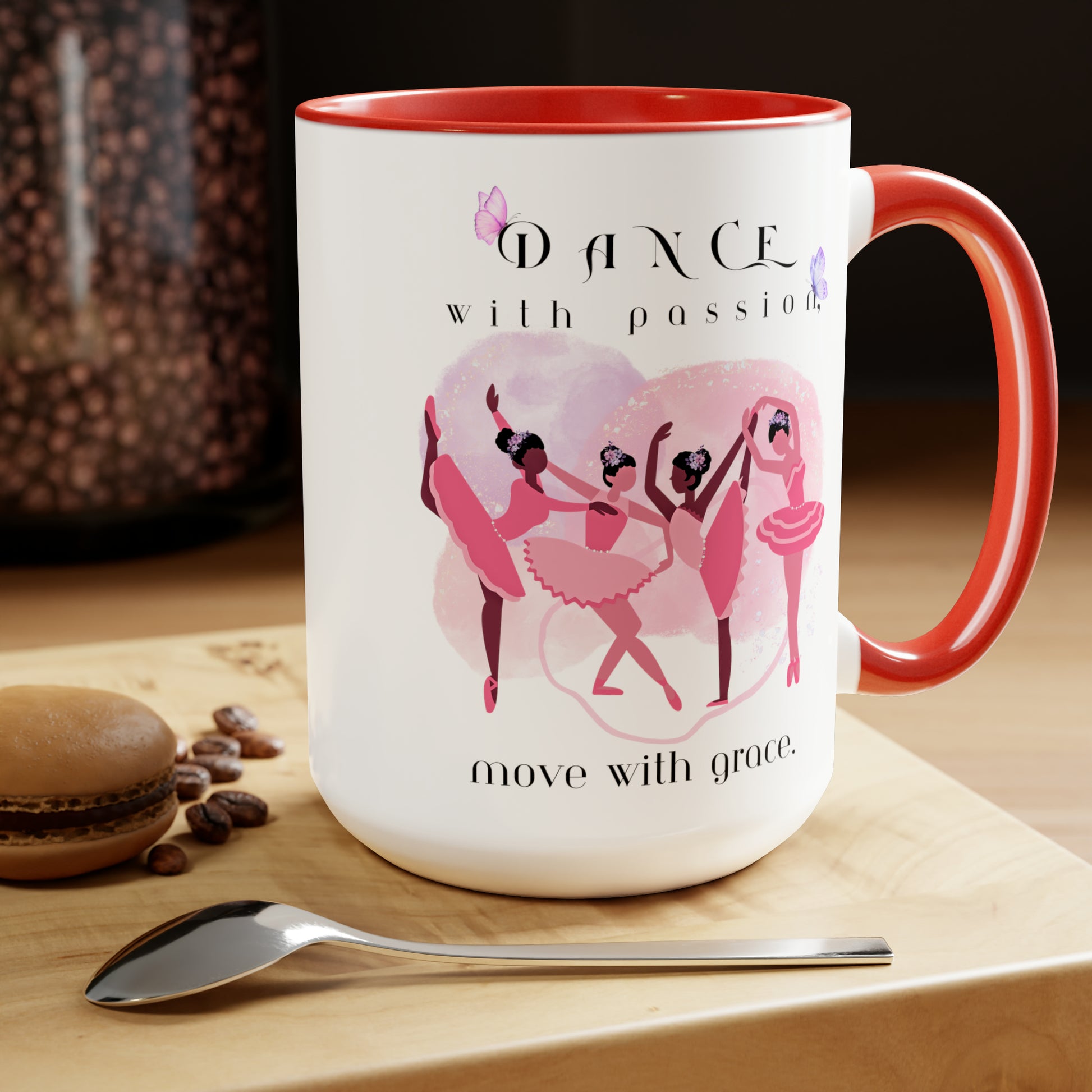 Two-Tone Coffee Mugs, 15oz - Dance with passion Ballerina - red rim