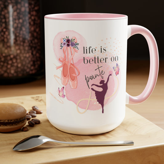Two-Tone Coffee Mugs, 15oz - Ballerinas - Life is better on pointe pink rim