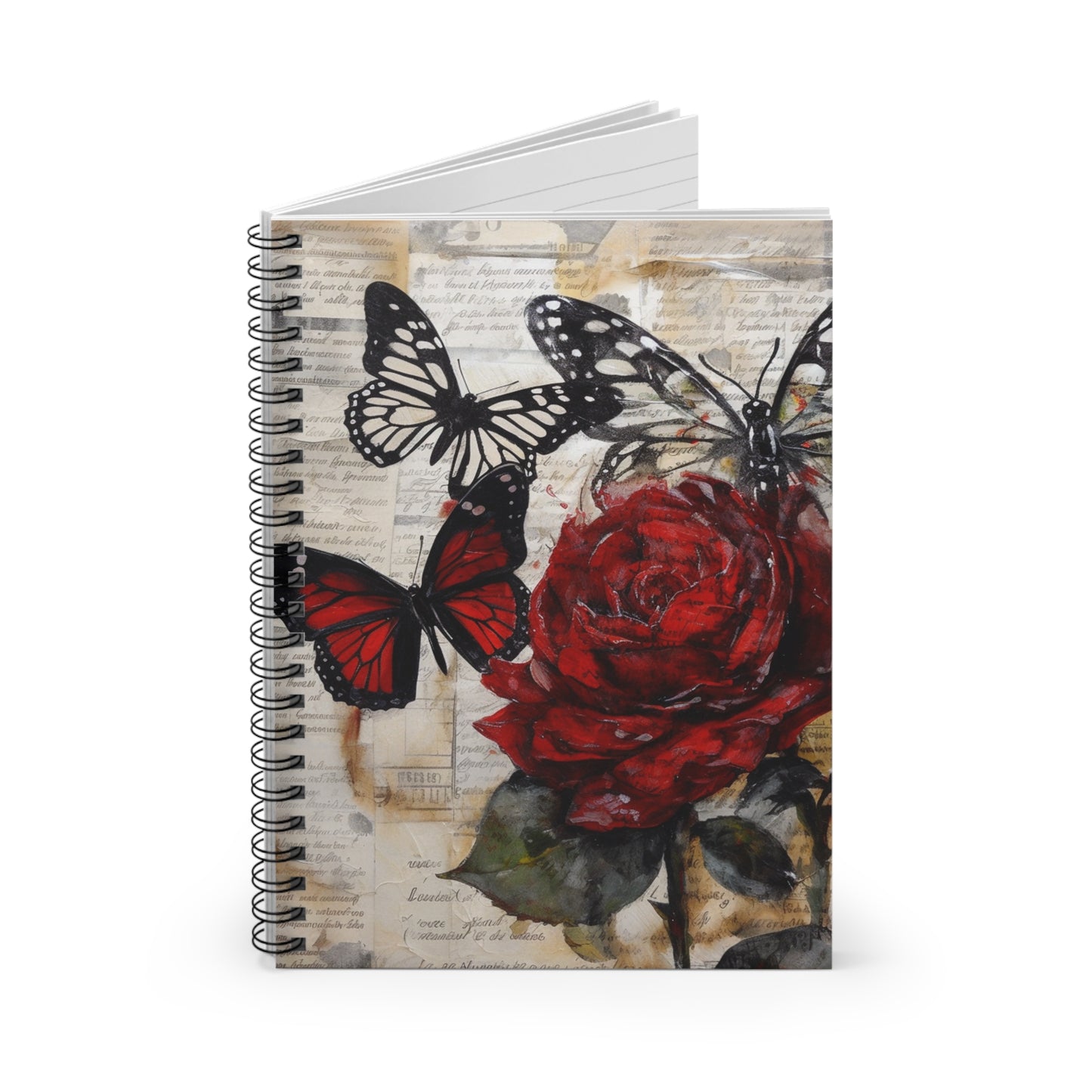 Spiral notebook - Ruled Line - Butterflies and a red rose