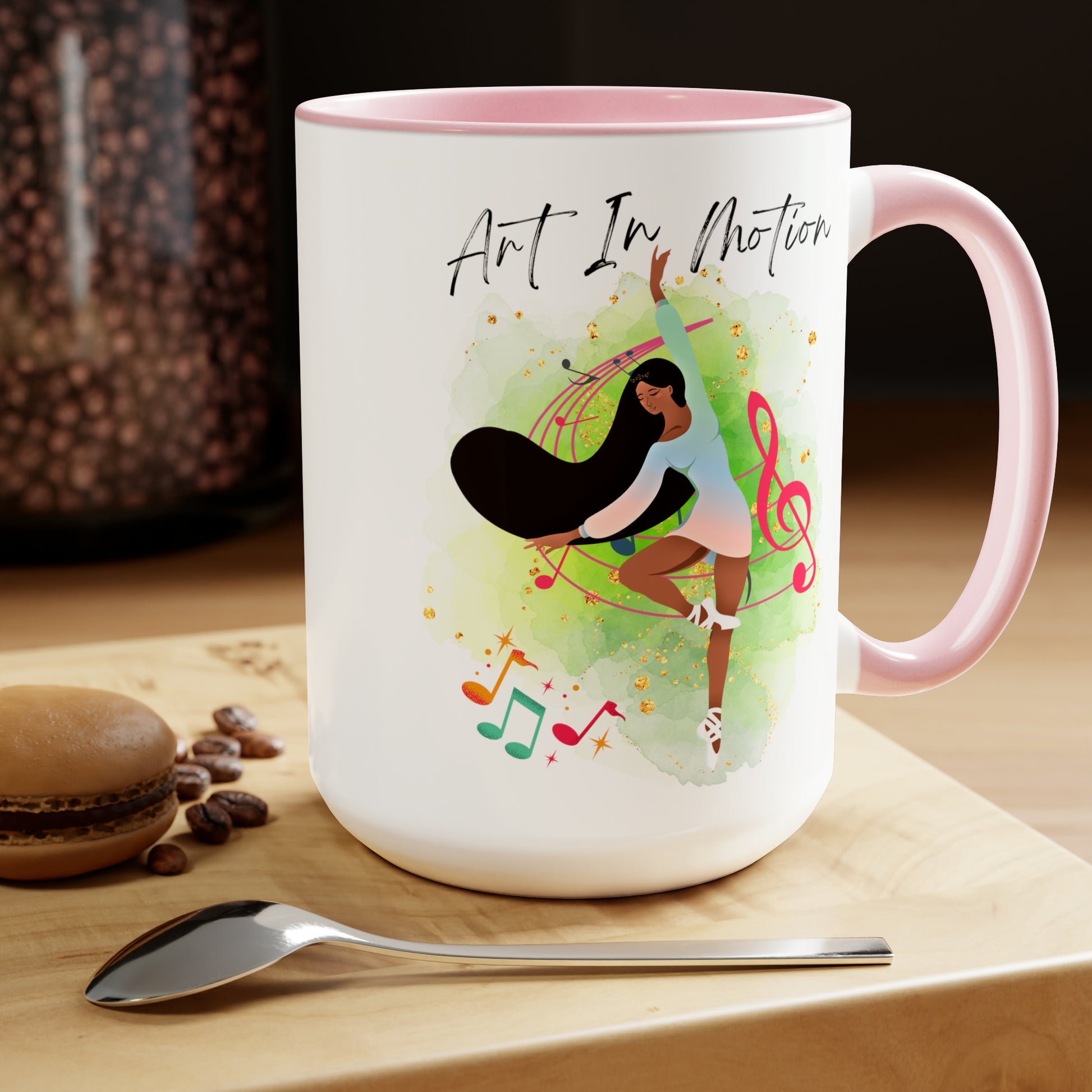 Two-Tone Coffee Mugs, 15oz - Ballerina of African Descent - pink rim