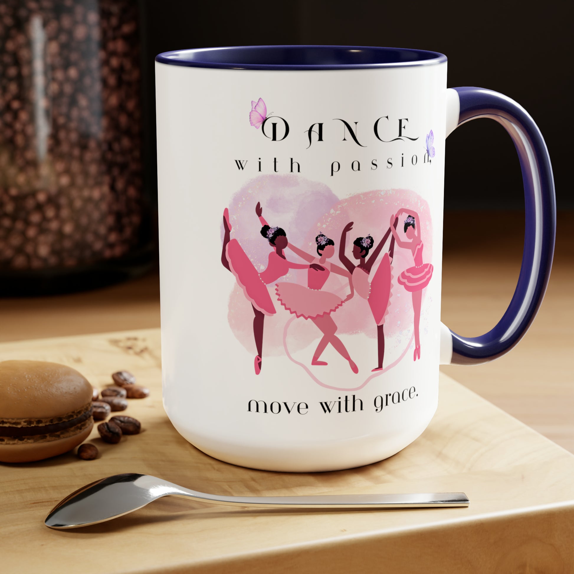 Two-Tone Coffee Mugs, 15oz - Dance with passion Ballerina - royal blue rim