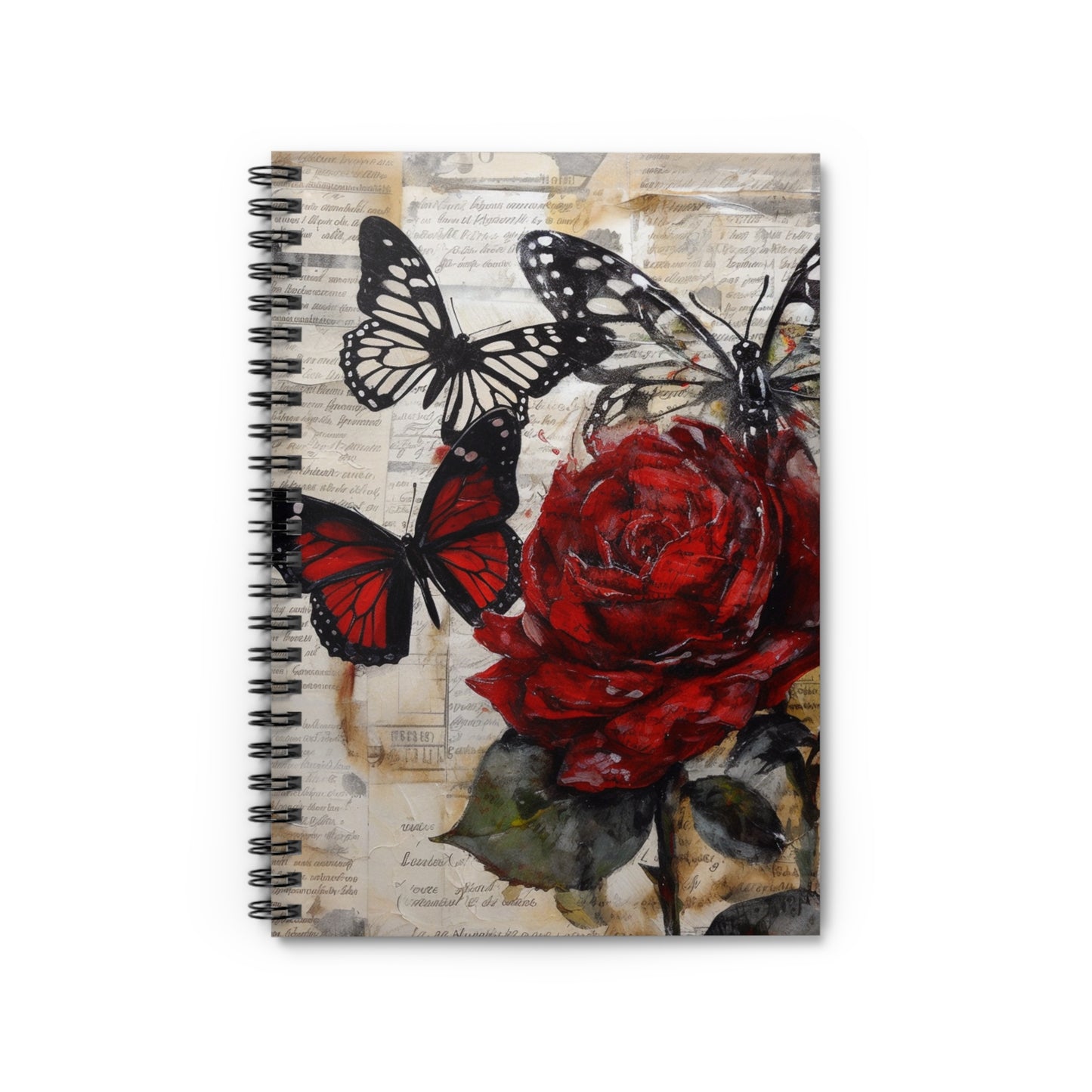 Spiral notebook - Ruled Line - Butterflies and a red rose