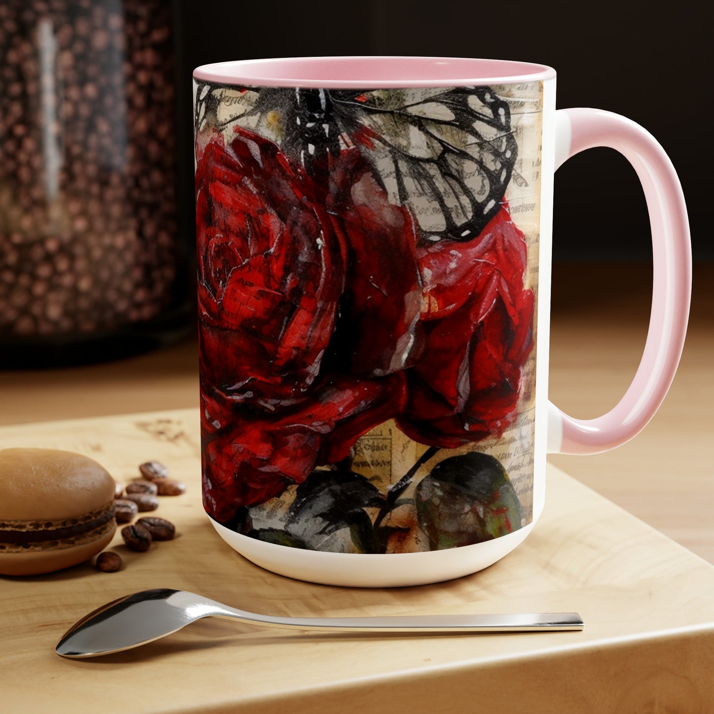 Two-Tone Coffee Mugs, 15oz, Red Rose with Butterfly - pink rim
