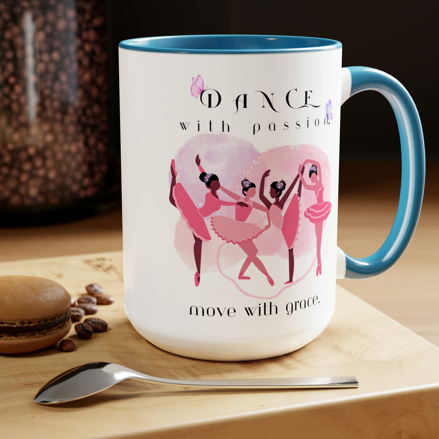 Two-Tone Coffee Mugs, 15oz - Dance with passion Ballerina - blue rim
