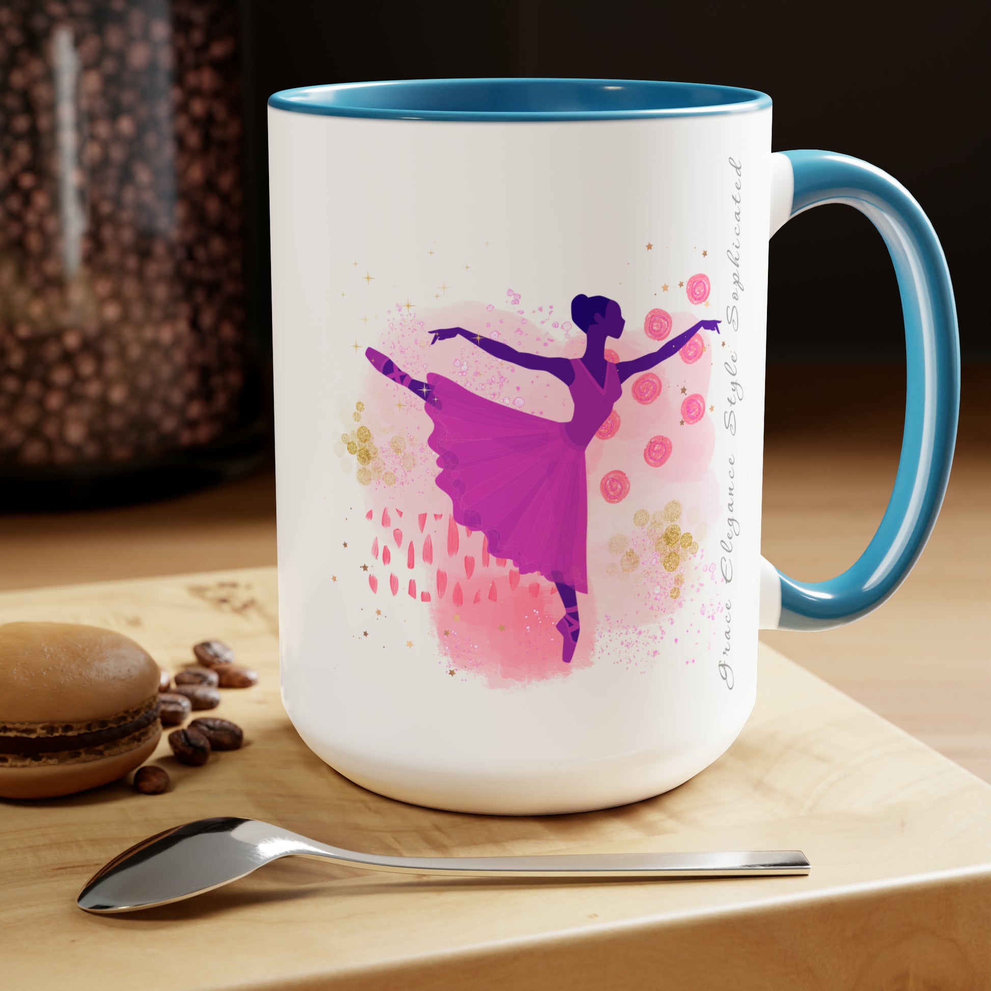 Two-Tone Coffee Mugs, 15oz - Sophisticated Ballerina - blue rim