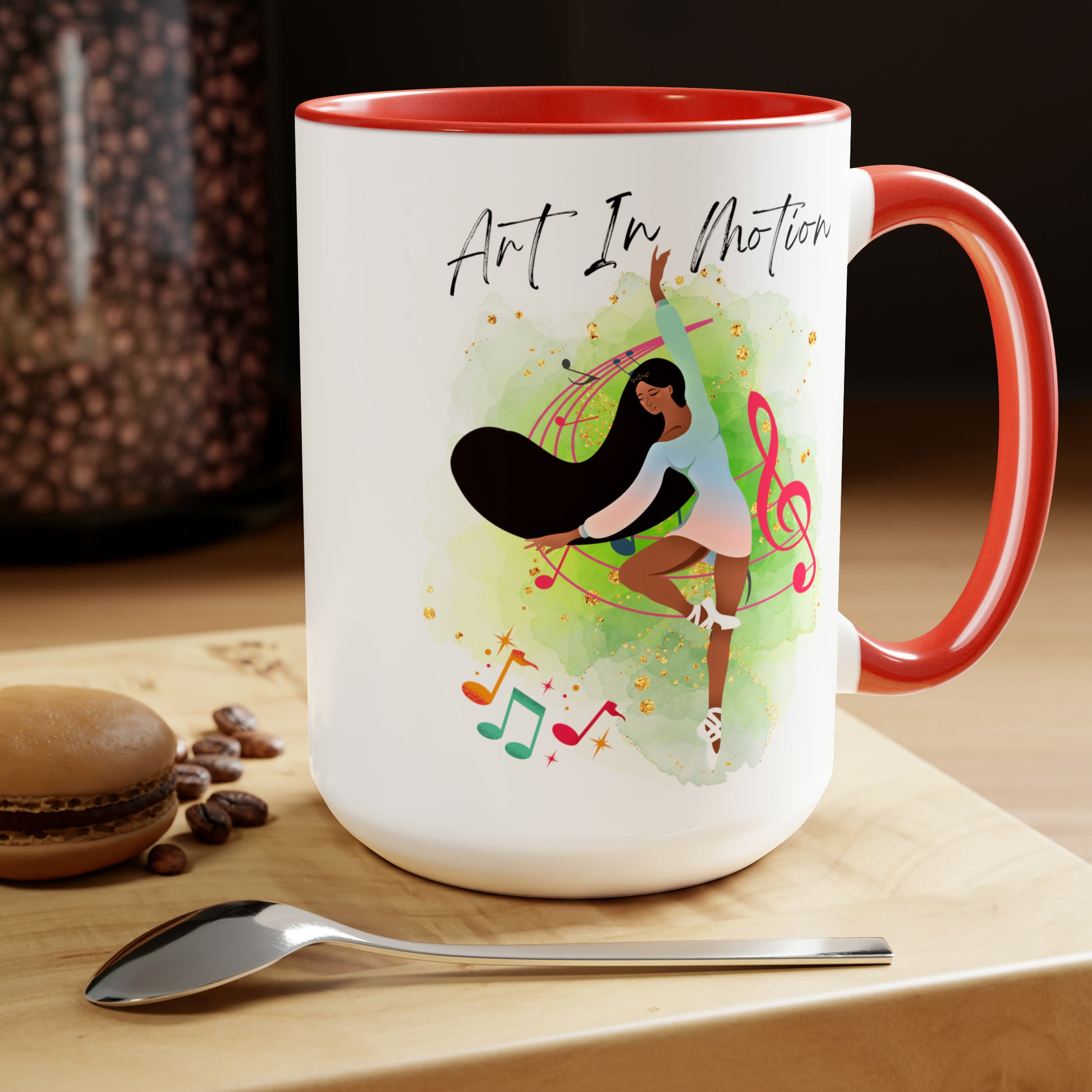 Two-Tone Coffee Mugs, 15oz - Ballerina of African Descent - red rim