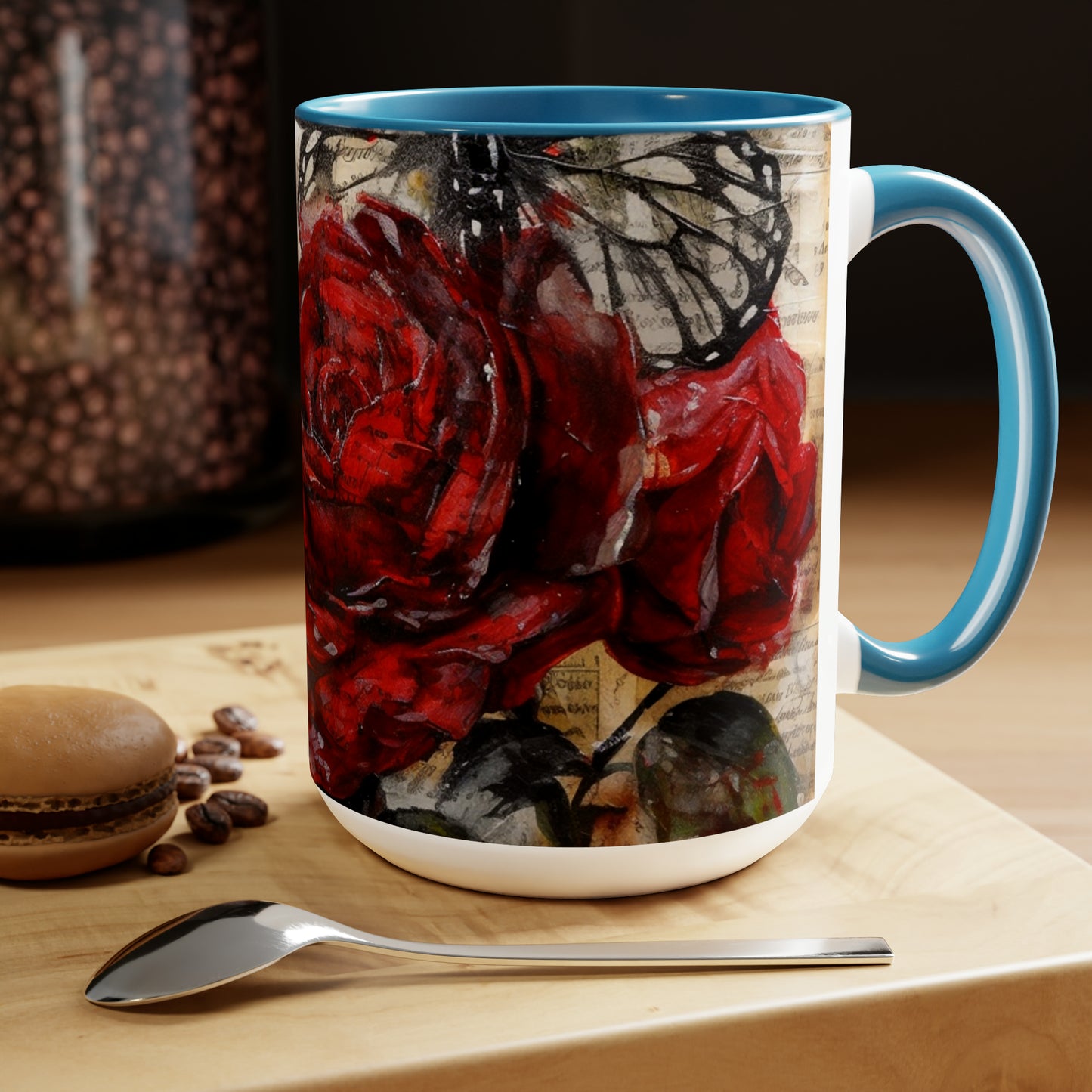 Two-Tone Coffee Mugs, 15oz, Red Rose with Butterfly - blue rim