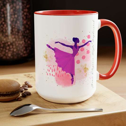 Two-Tone Coffee Mugs, 15oz - Sophisticated Ballerina - red rim