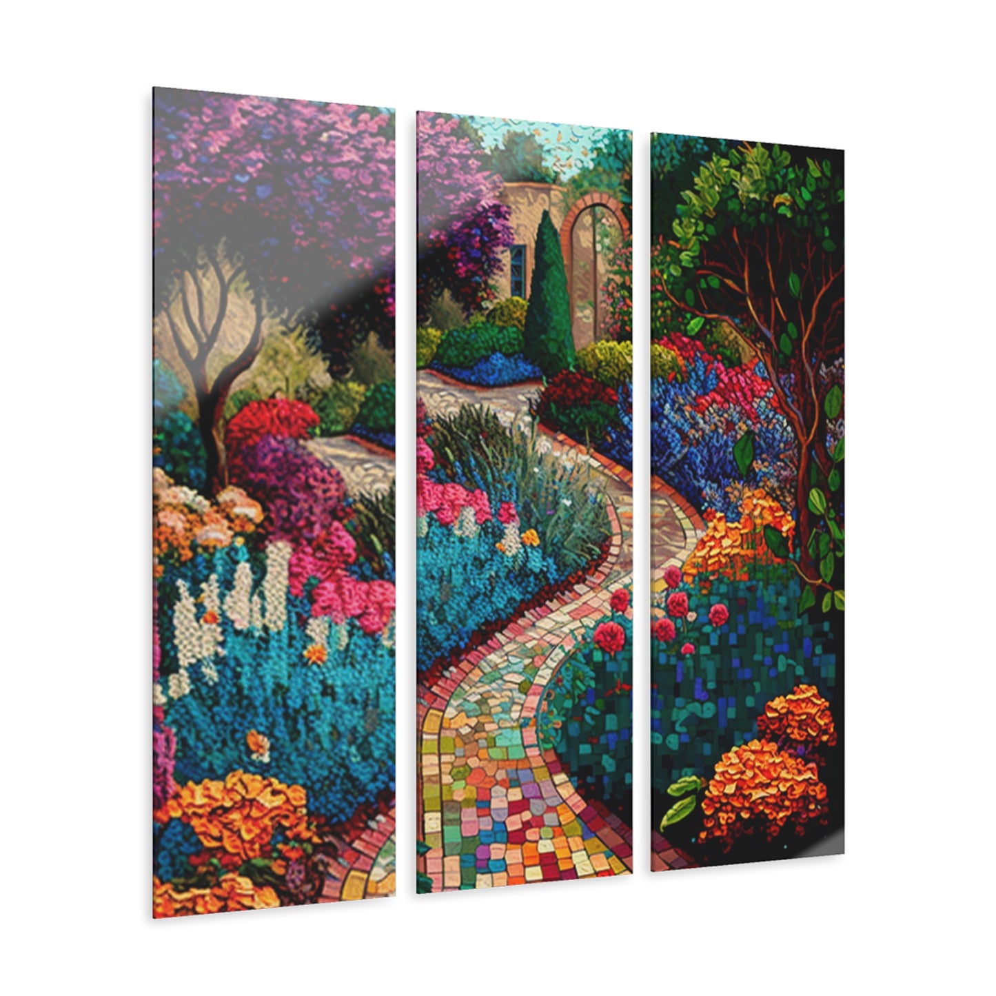 Acrylic Triptych Print of Mosaic Garden, Wall Art Set, Acrylic Art Print, Mosaic Garden