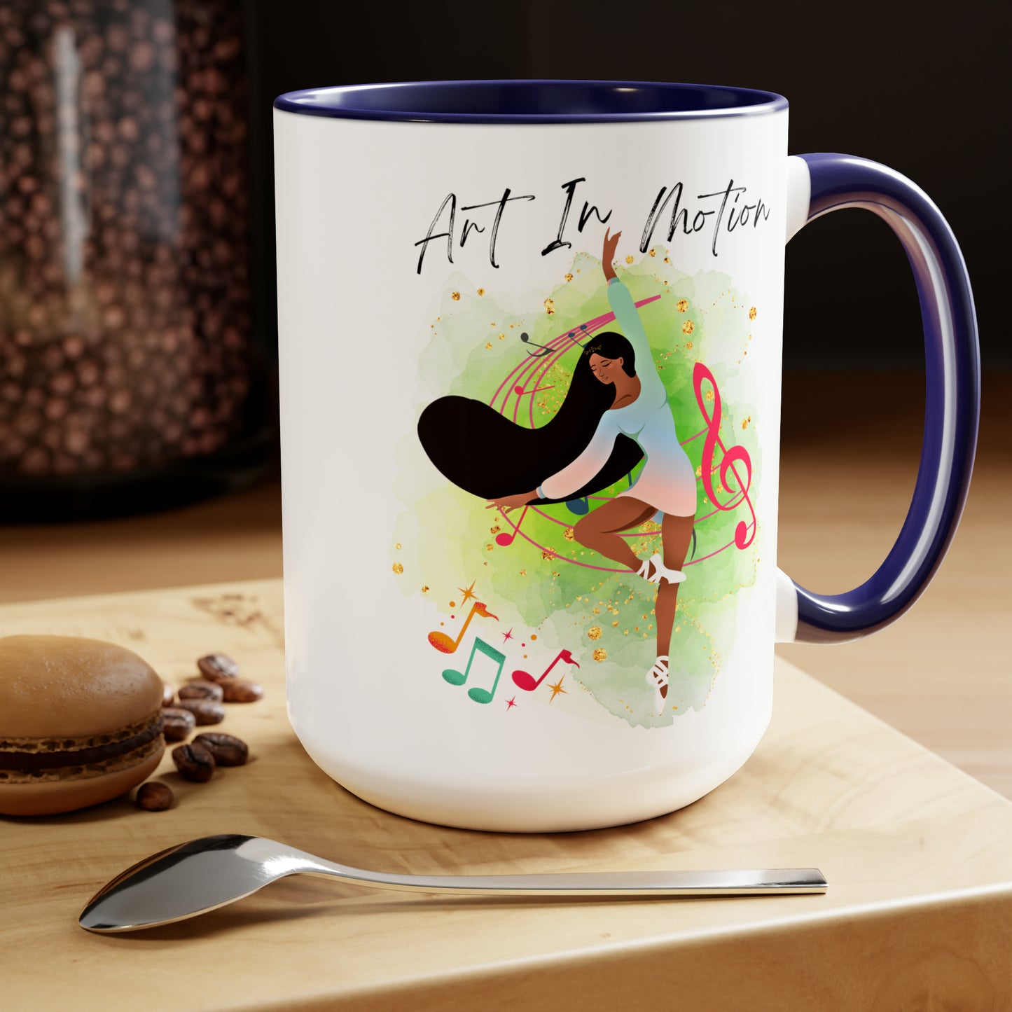Two-Tone Coffee Mugs, 15oz - Ballerina of African Descent - blue rim