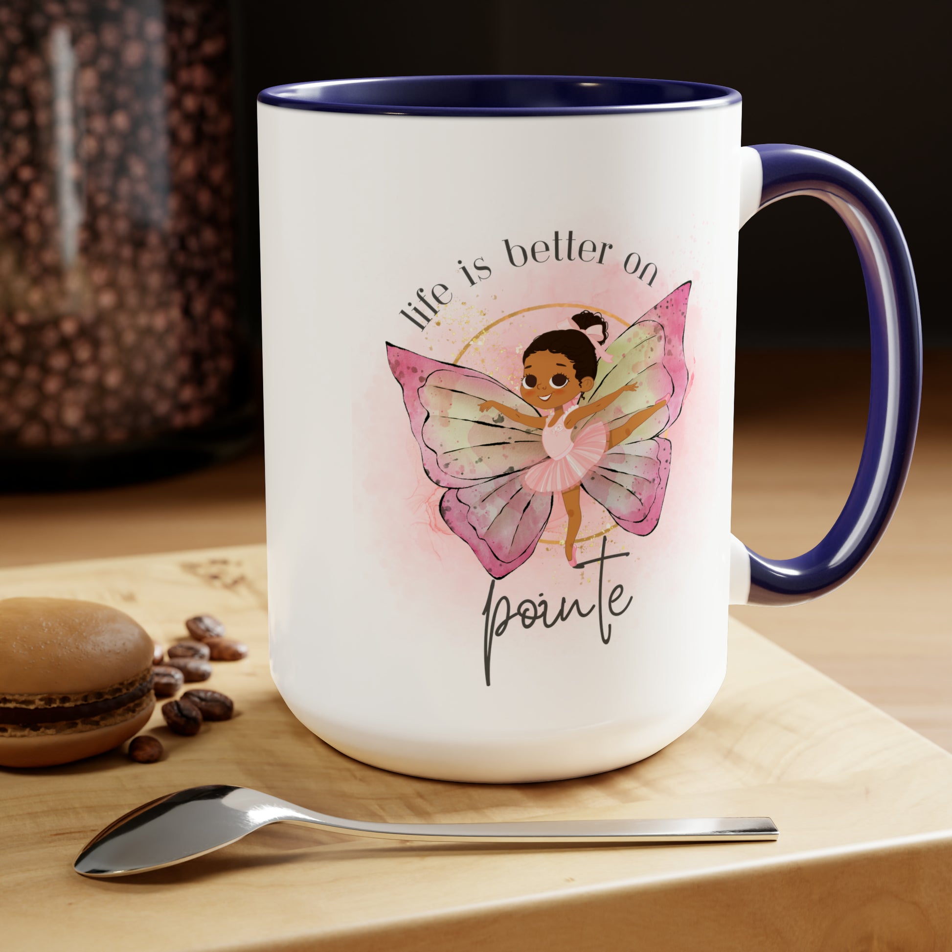Two-Tone Coffee Mugs, 15oz - Young Ballerina - Life is better on pointe - royal blue rim