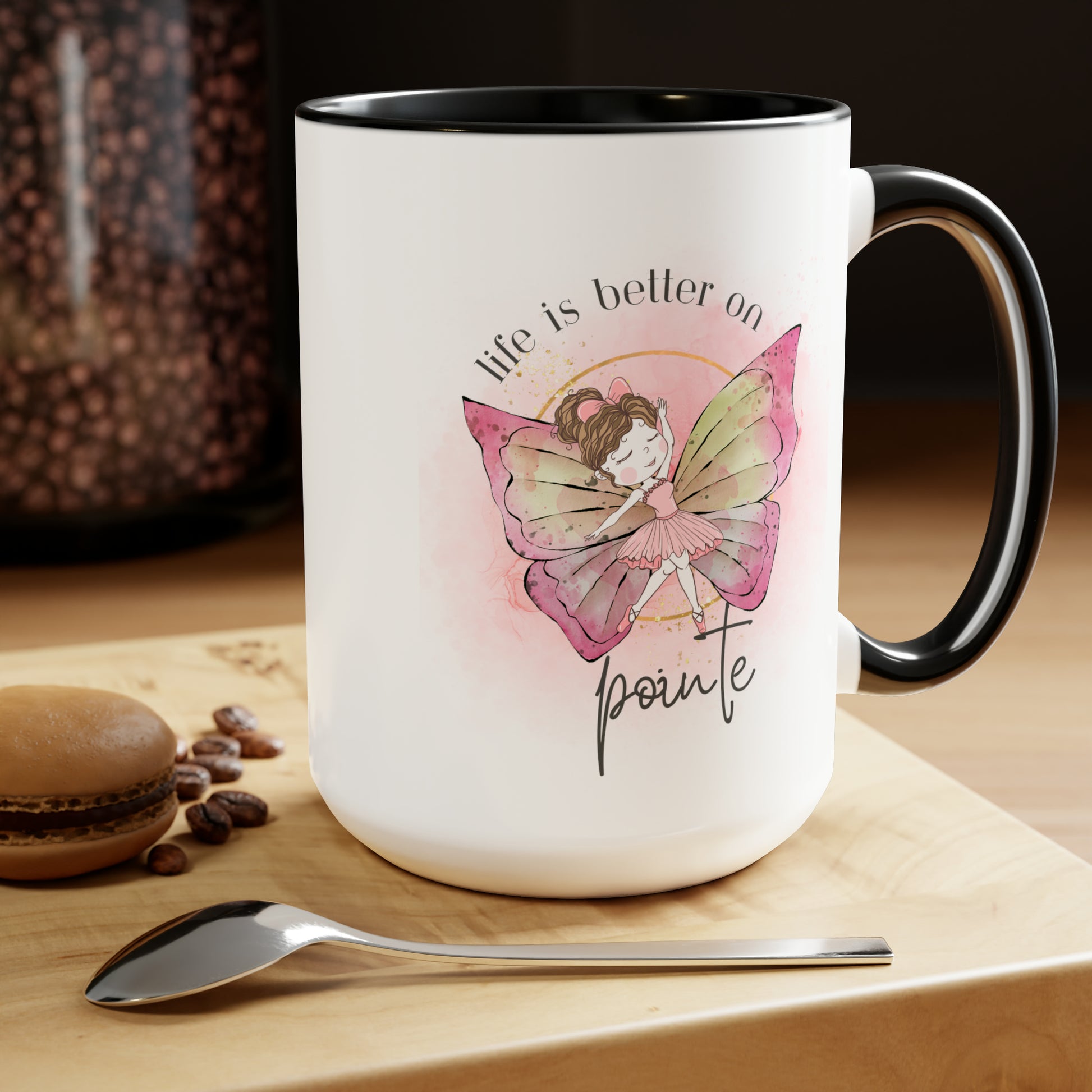 Two-Tone Coffee Mugs, 15oz - Young Ballerina with butterfly wings -black rim