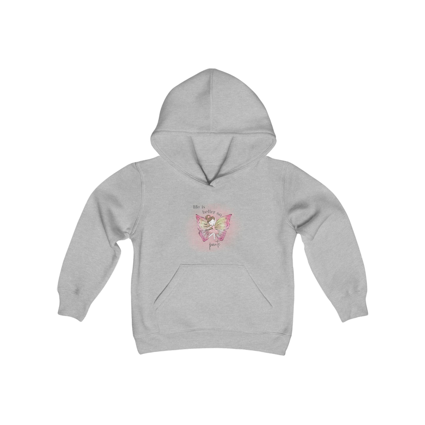 Youth Hooded Sweatshirt - Ballerina With Butterfly Wings - gray