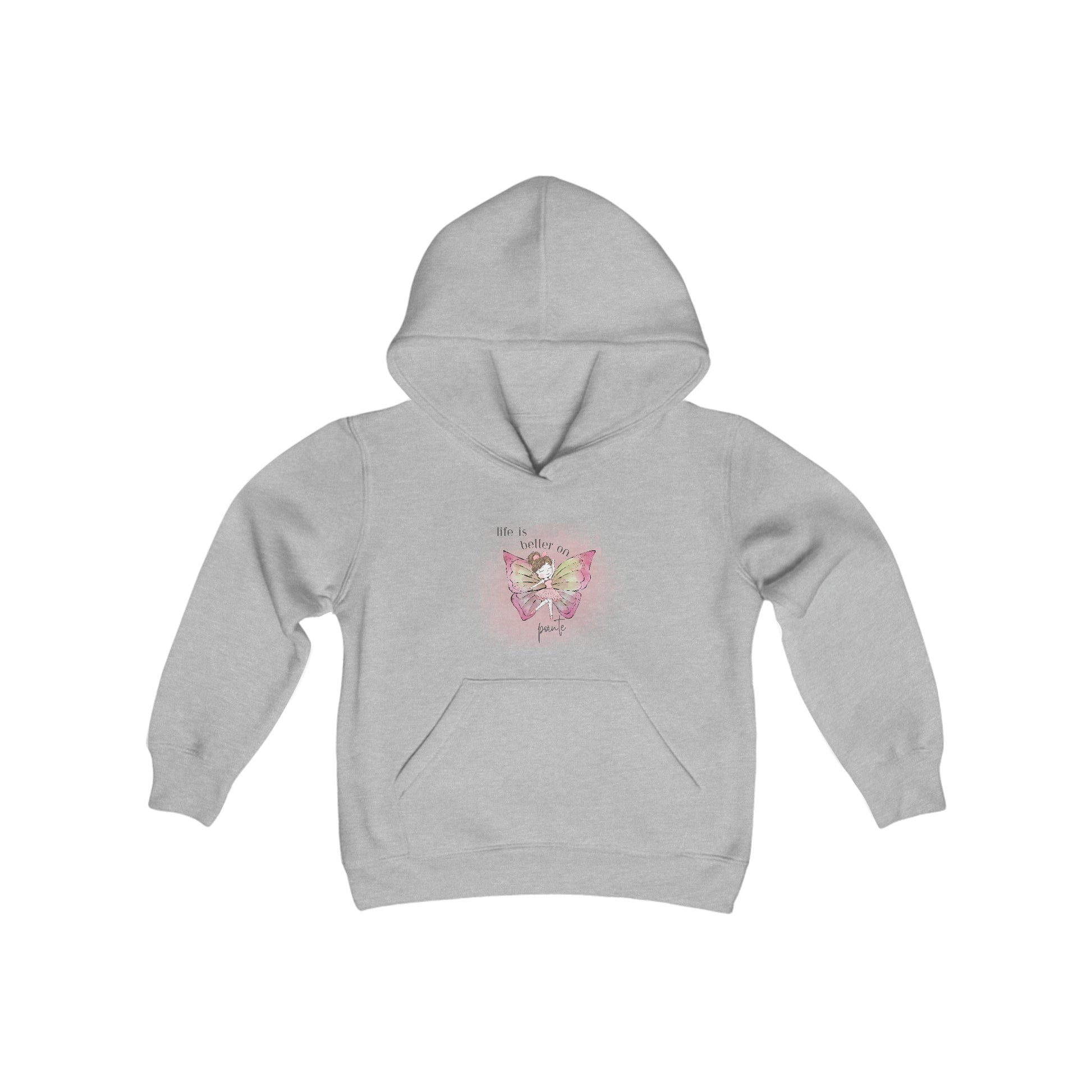 Youth Hooded Sweatshirt - Ballerina With Butterfly Wings - gray