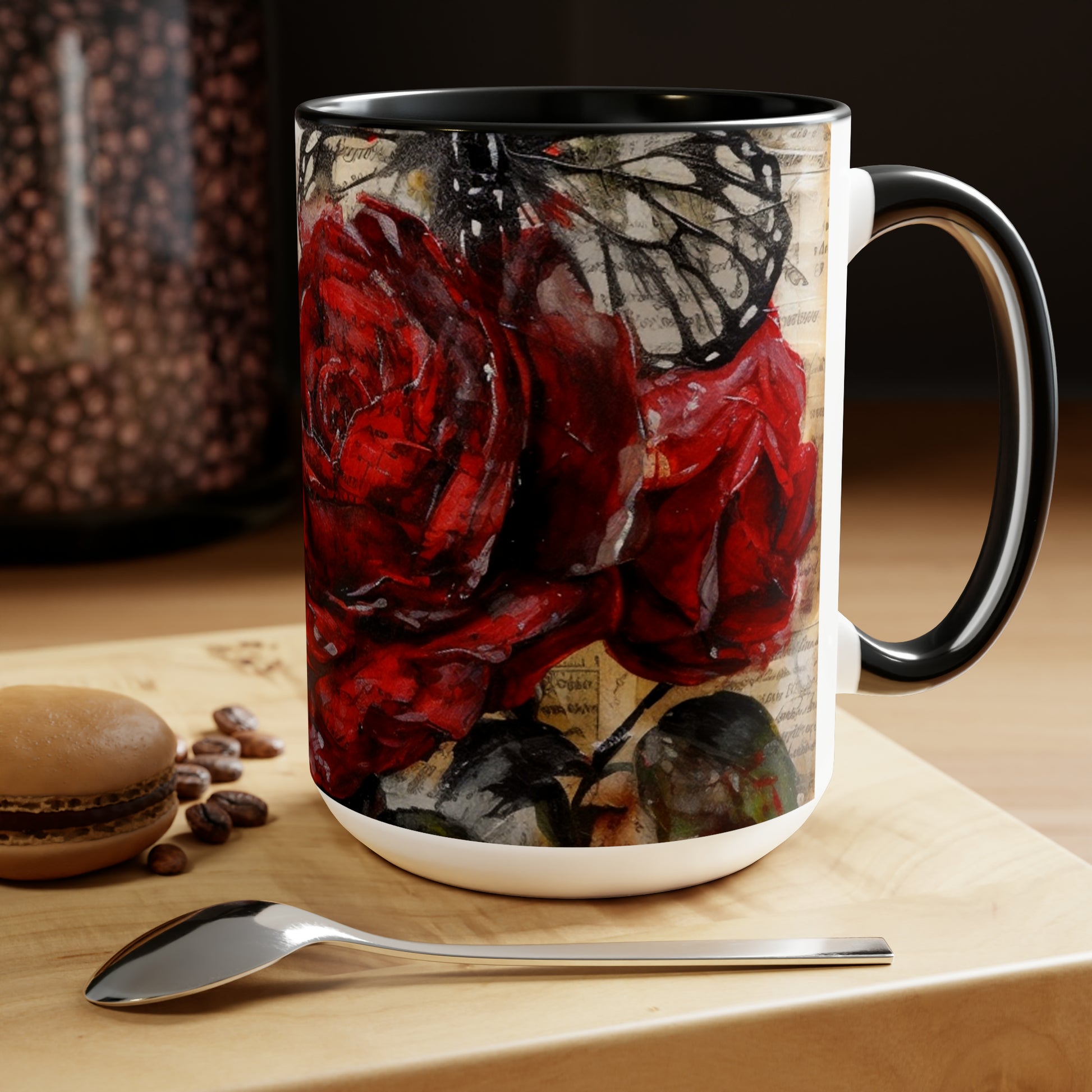 Two-Tone Coffee Mugs, 15oz, Red Rose with Butterfly - black rim