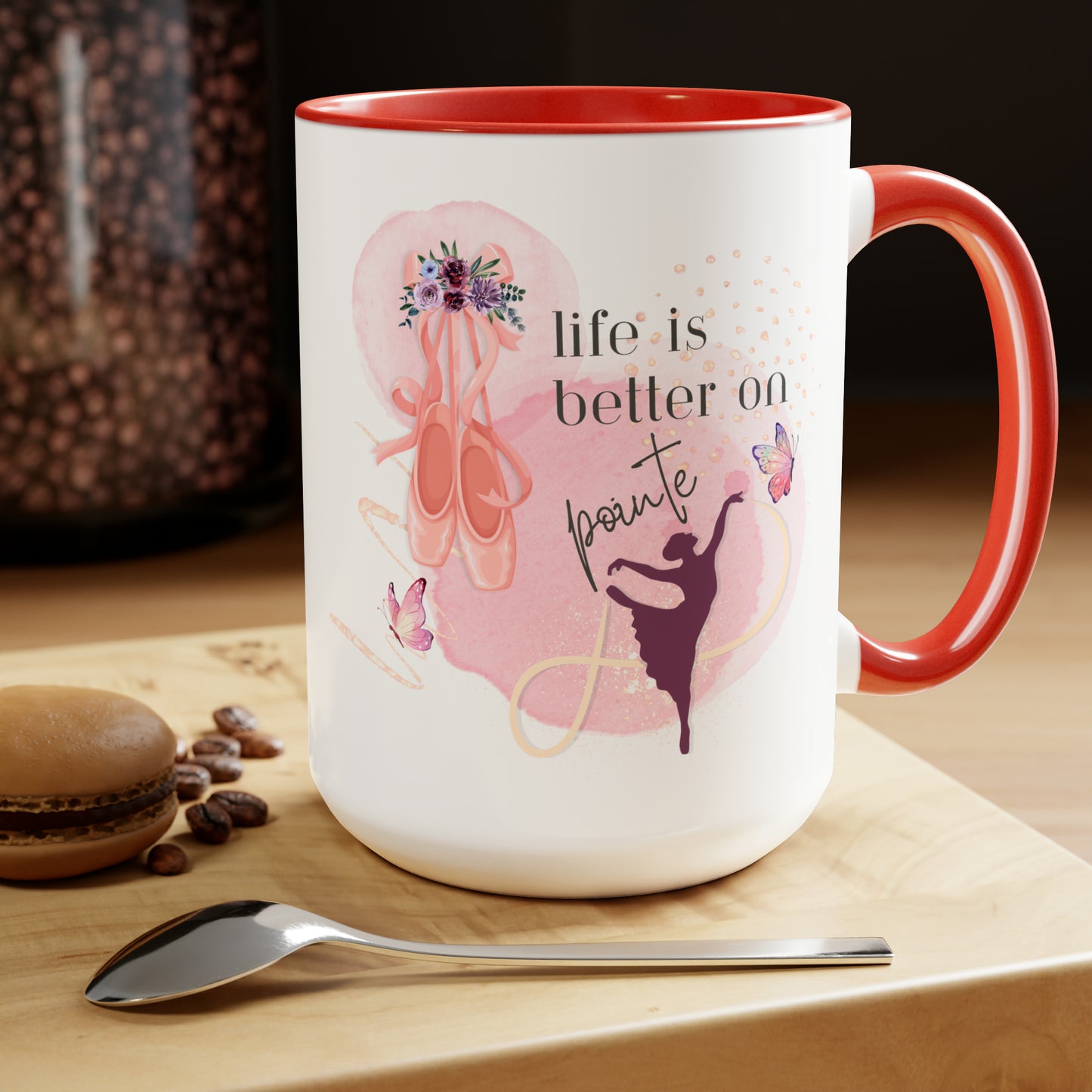 Two-Tone Coffee Mugs, 15oz - Ballerinas - Life is better on pointe- red rim