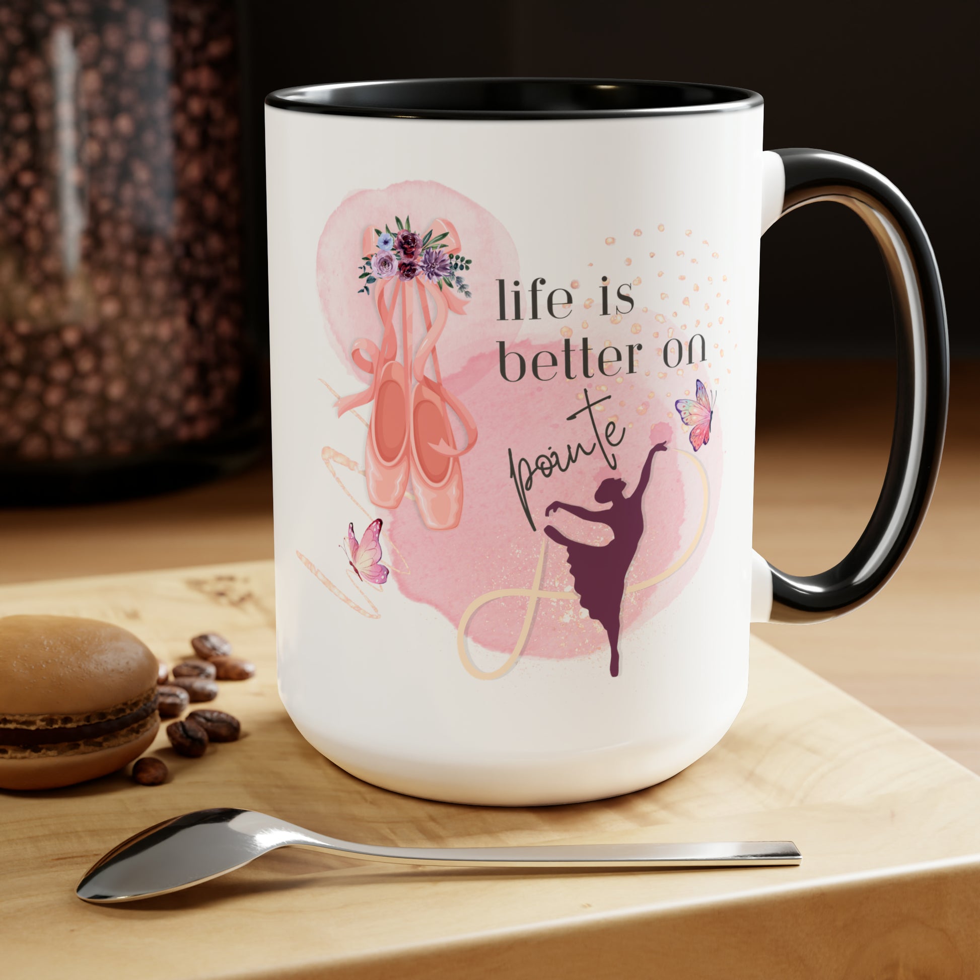 Two-Tone Coffee Mugs, 15oz - Ballerinas - Life is better on pointe- black rim