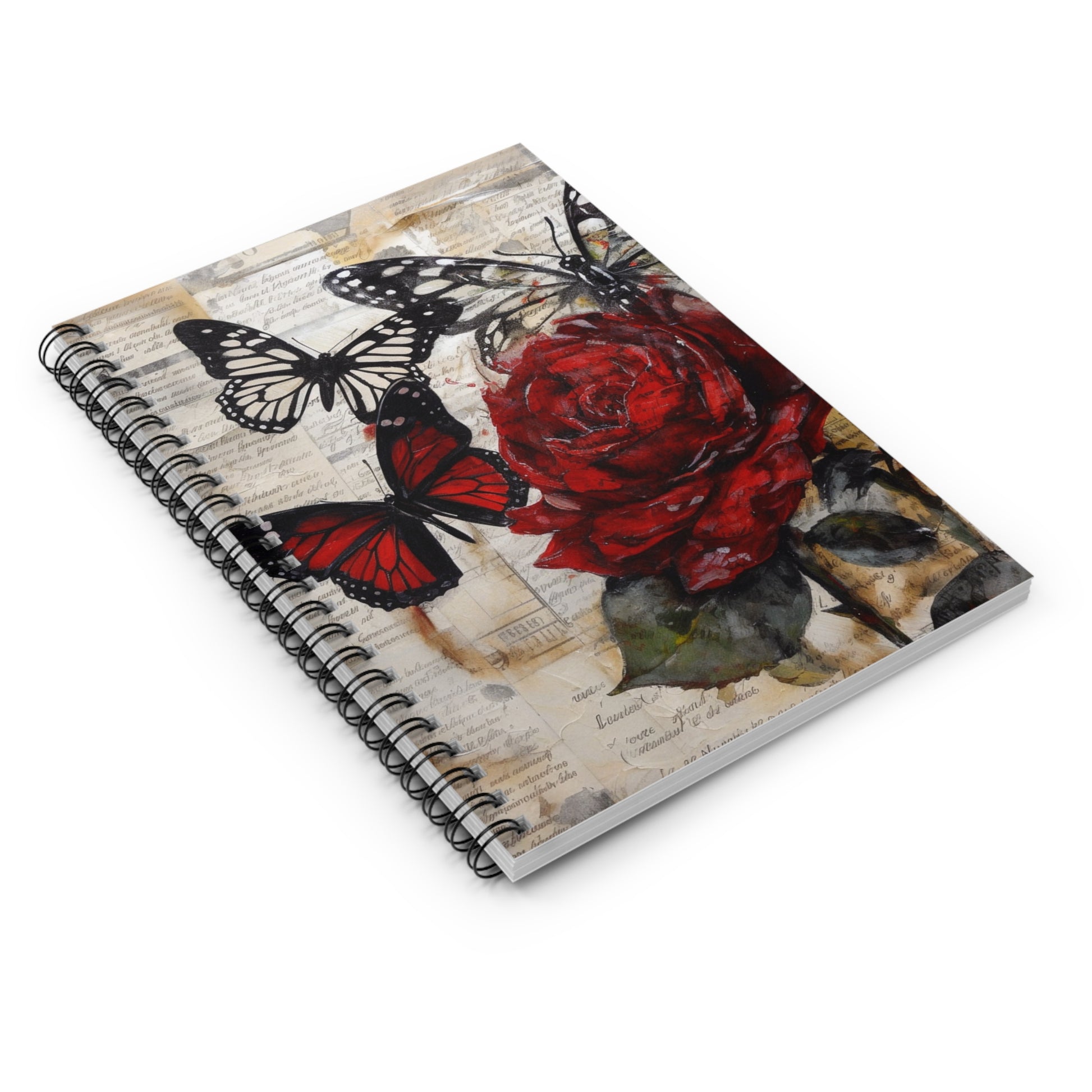 Spiral notebook - Ruled Line - Butterflies and a red rose on desk