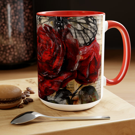 Two-Tone Coffee Mugs, 15oz, Red Rose with Butterfly - red rim