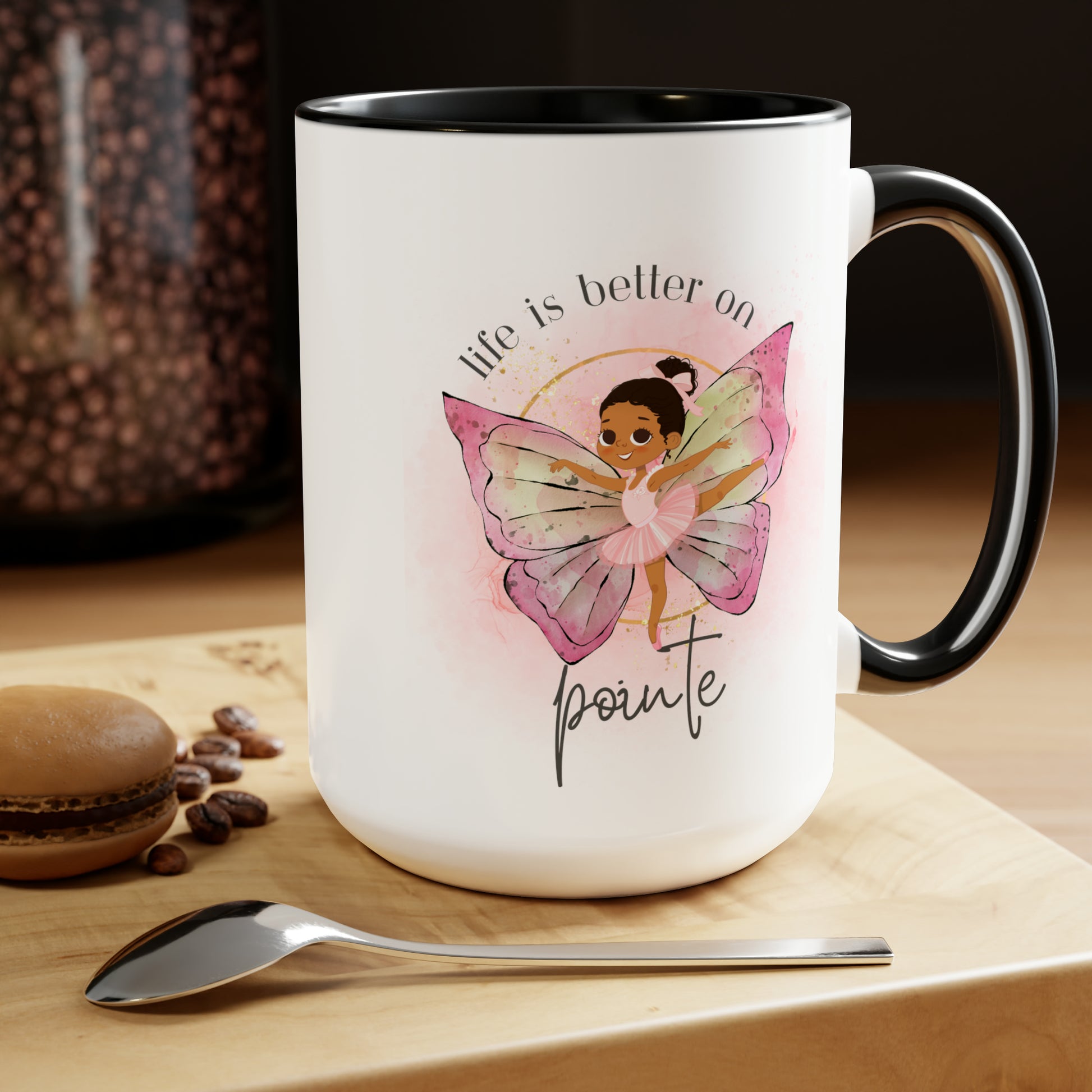 Two-Tone Coffee Mugs, 15oz - Young Ballerina - Life is better on pointe - black rim