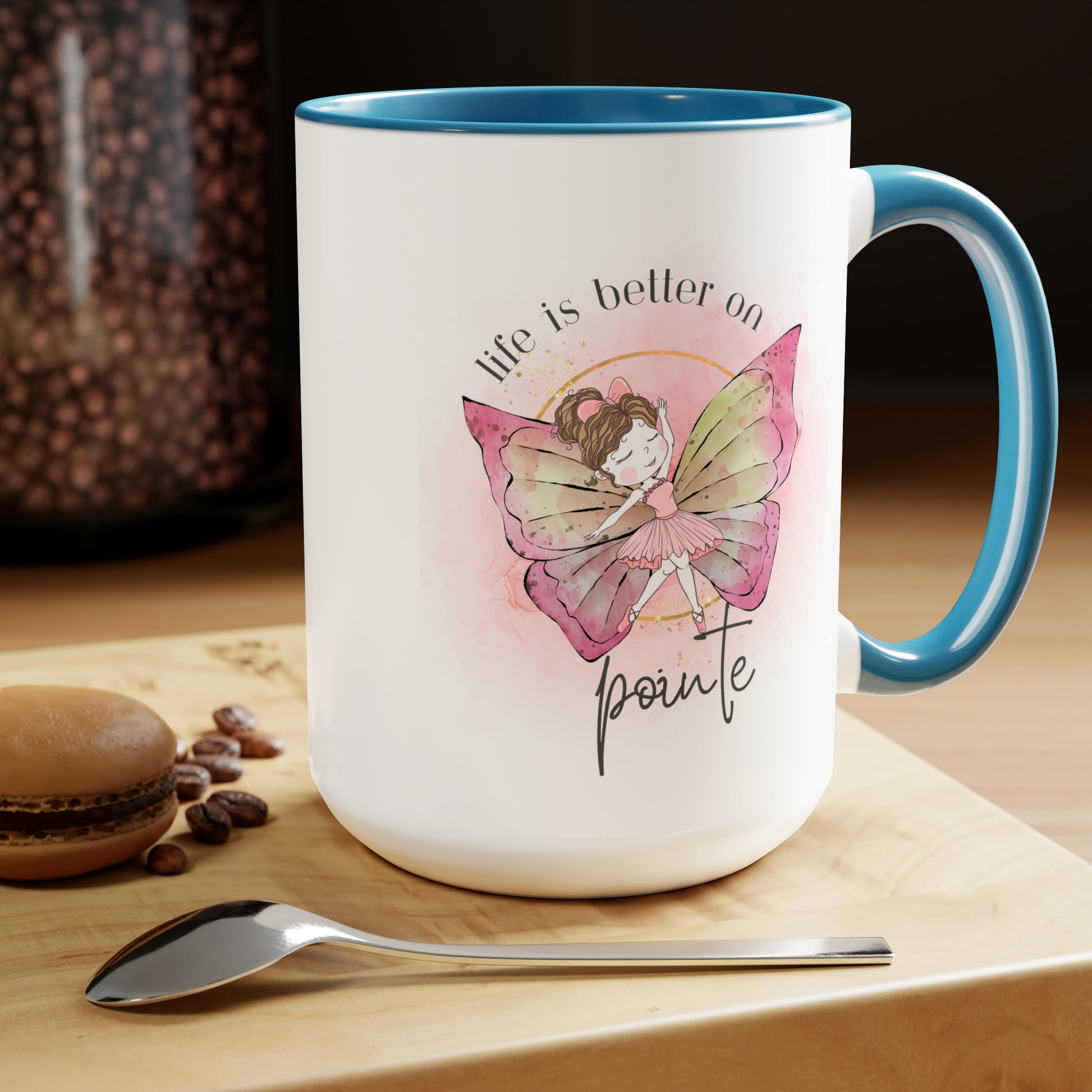 Two-Tone Coffee Mugs, 15oz - Young Ballerina with butterfly wings - blue rim