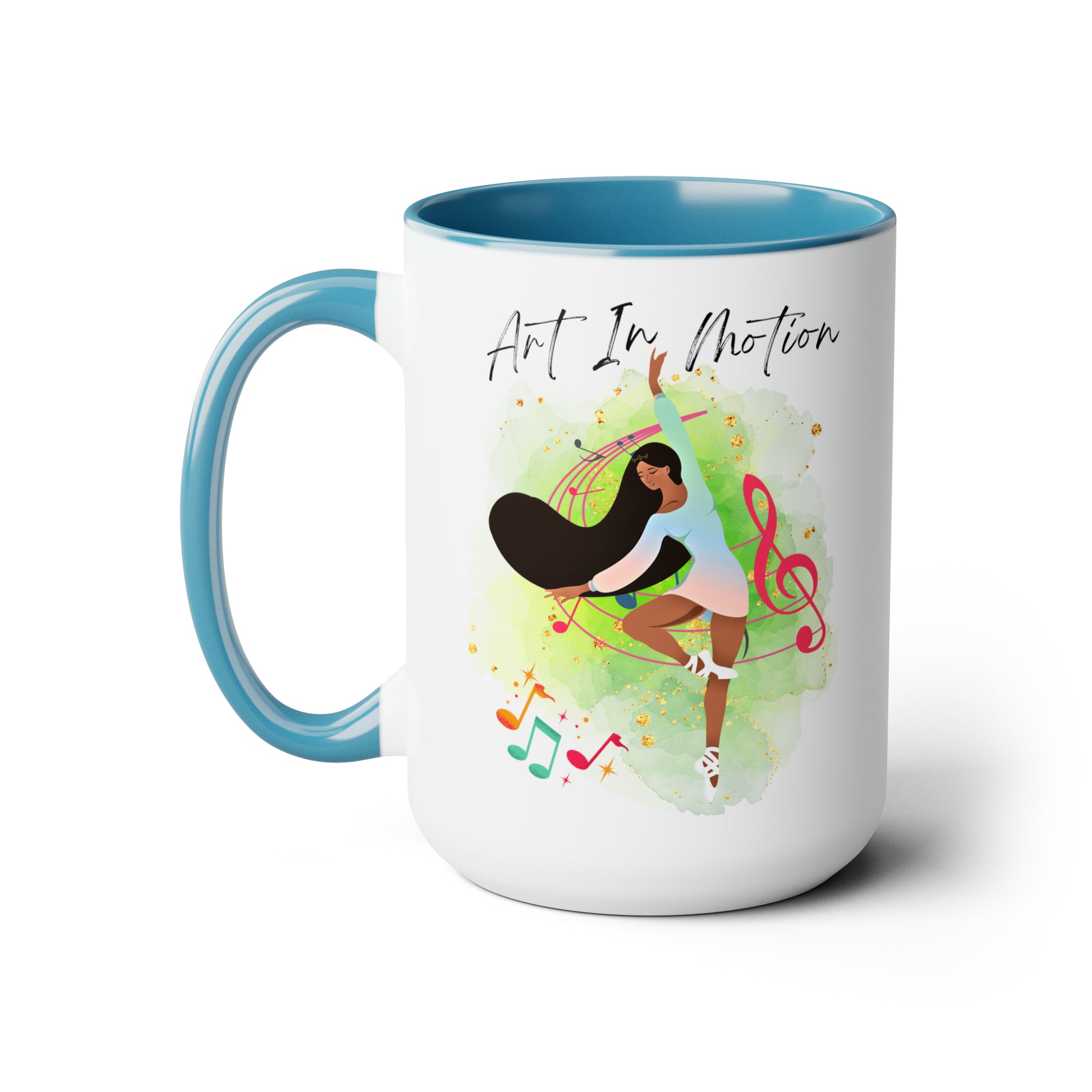 Two-Tone Coffee Mugs, 15oz - Ballerina of African Descent - baby blue rim