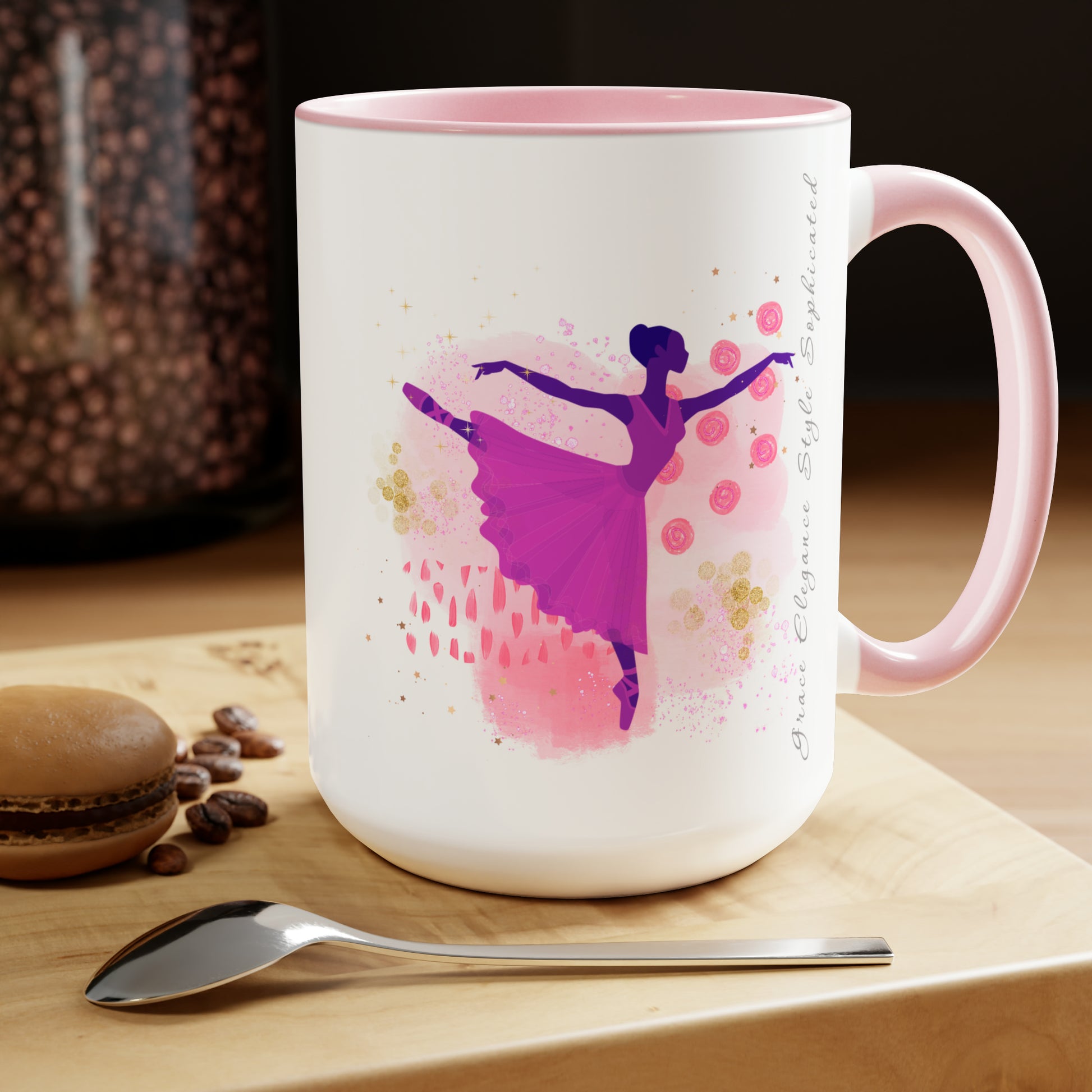 Two-Tone Coffee Mugs, 15oz - Sophisticated Ballerina - pink rim