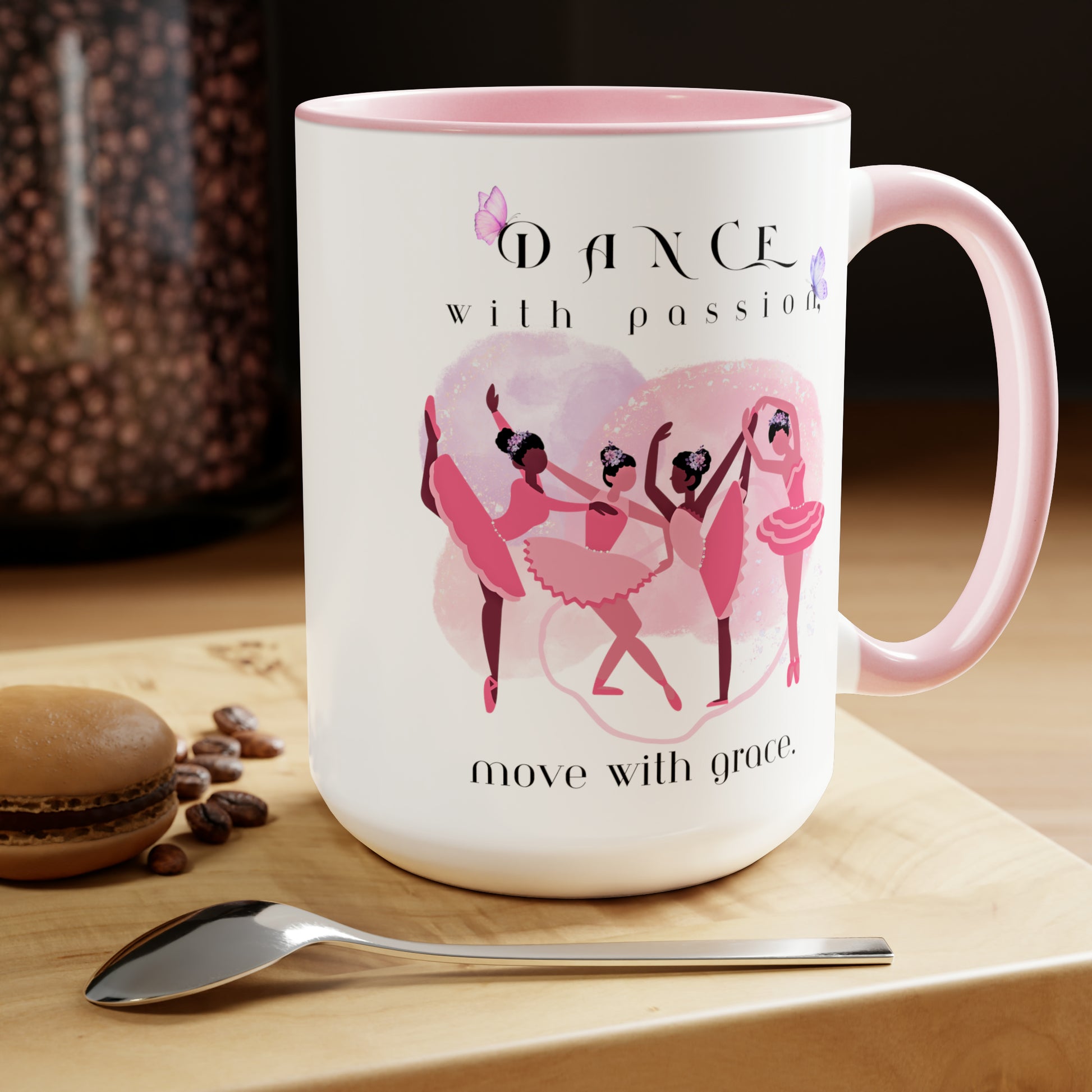 Two-Tone Coffee Mugs, 15oz - Dance with passion Ballerina - pink rim