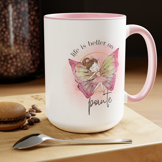 Two-Tone Coffee Mugs, 15oz - Young Ballerina with butterfly wings - pink rim