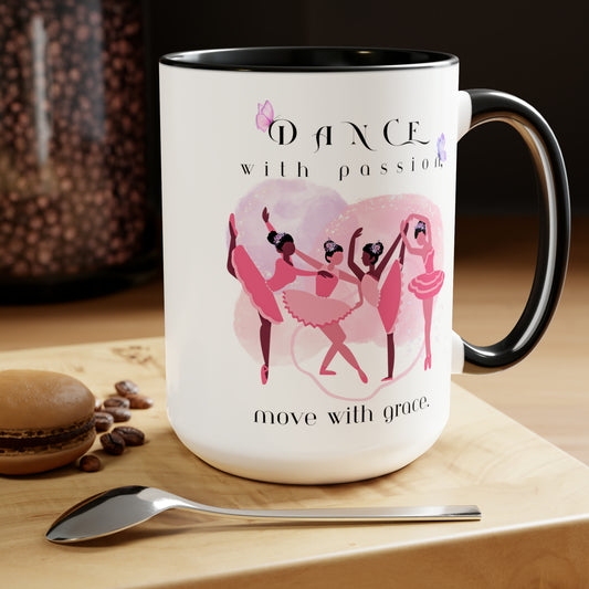 Two-Tone Coffee Mugs, 15oz - Dance with passion Ballerina - black rim