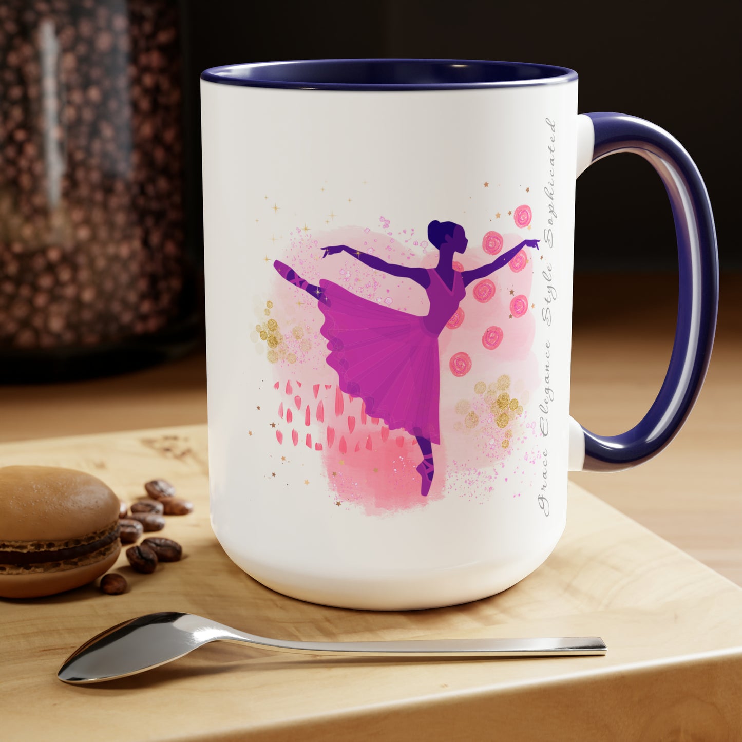 Two-Tone Coffee Mugs, 15oz - Sophisticated Ballerina - royal blue rim