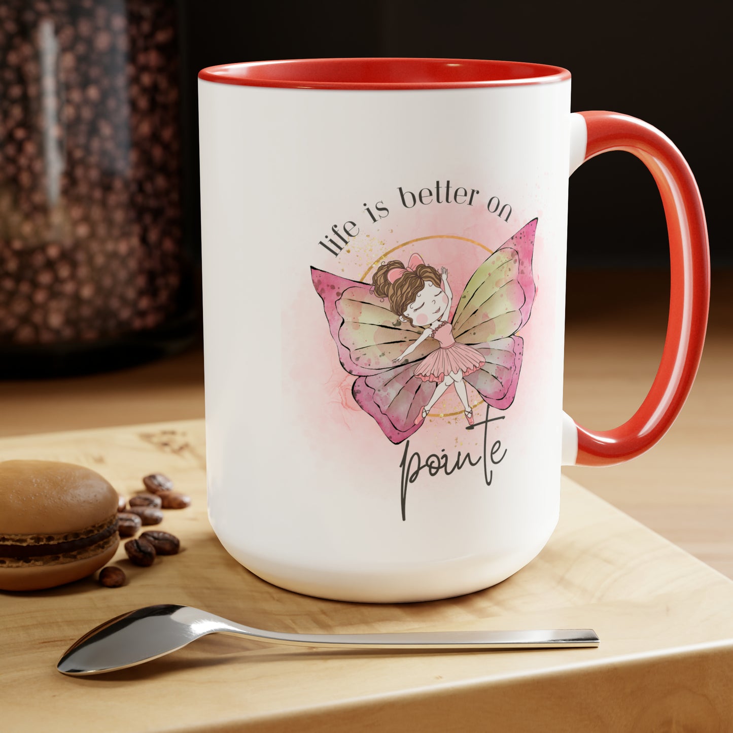Two-Tone Coffee Mugs, 15oz - Young Ballerina with butterfly wings - red rim