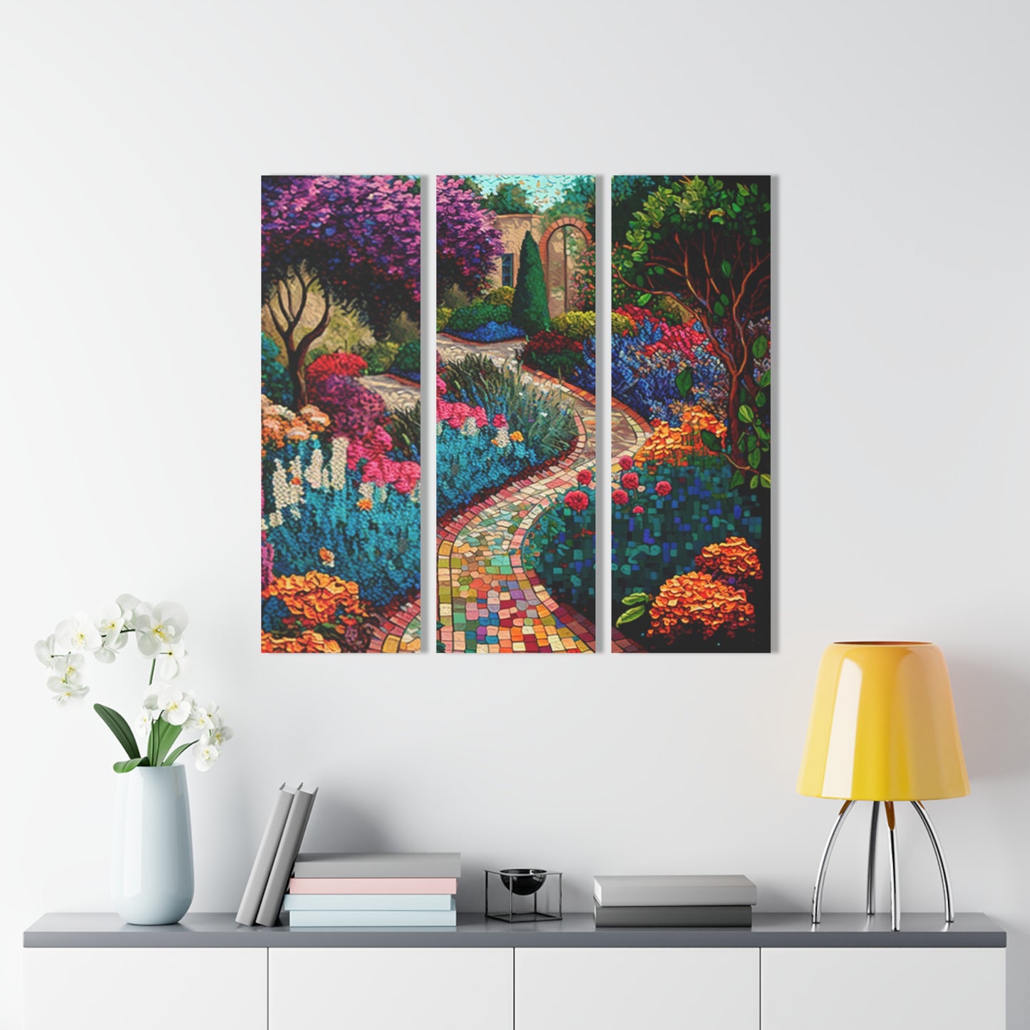 Acrylic Triptych Print of Mosaic Garden, Wall Art Set, Acrylic Art Print, Mosaic Garden