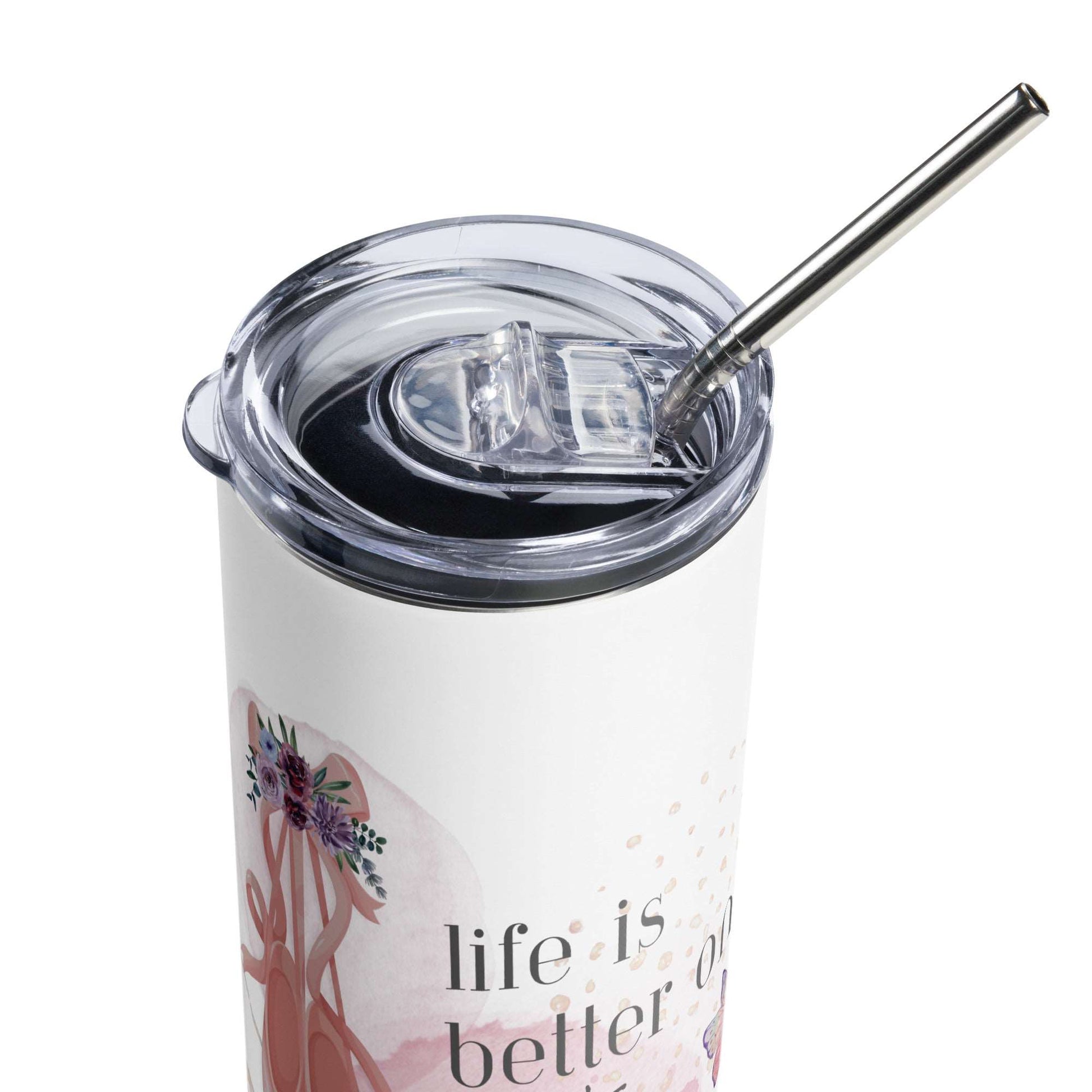 Stainless Steel Tumbler White with Straw- Life is better on point