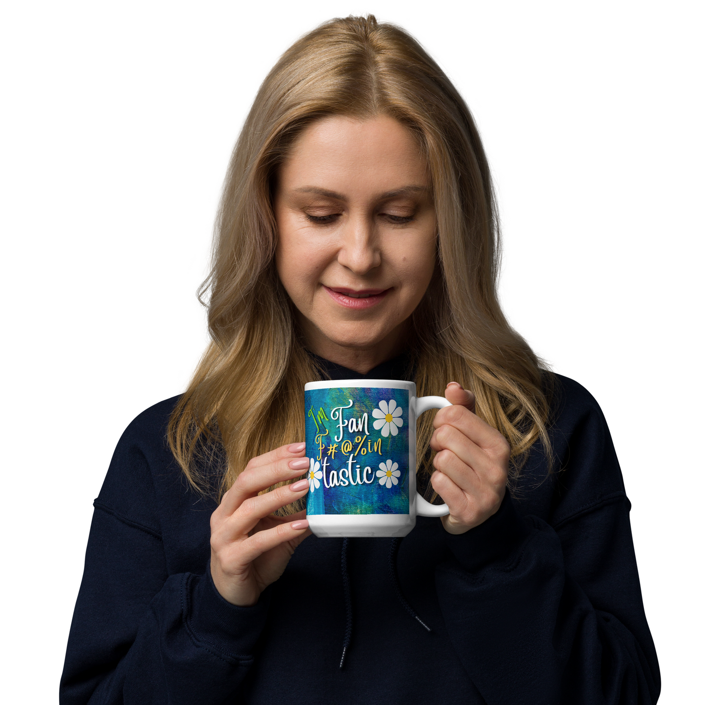 White glossy mug with blue and green textured background with the words I'm fan F#@% in Tastic. made for right or left handed people.