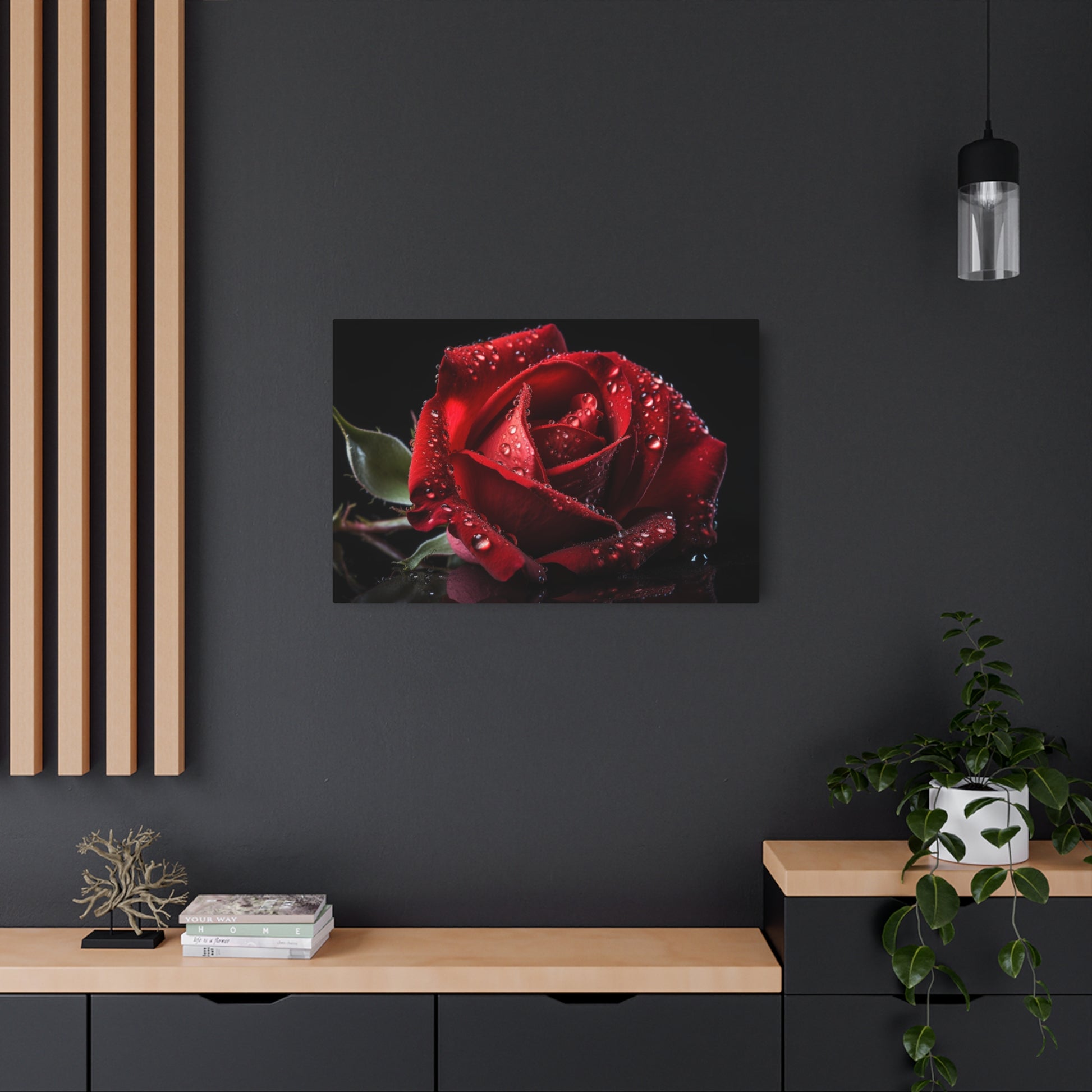 Print of a red rose over metal sign